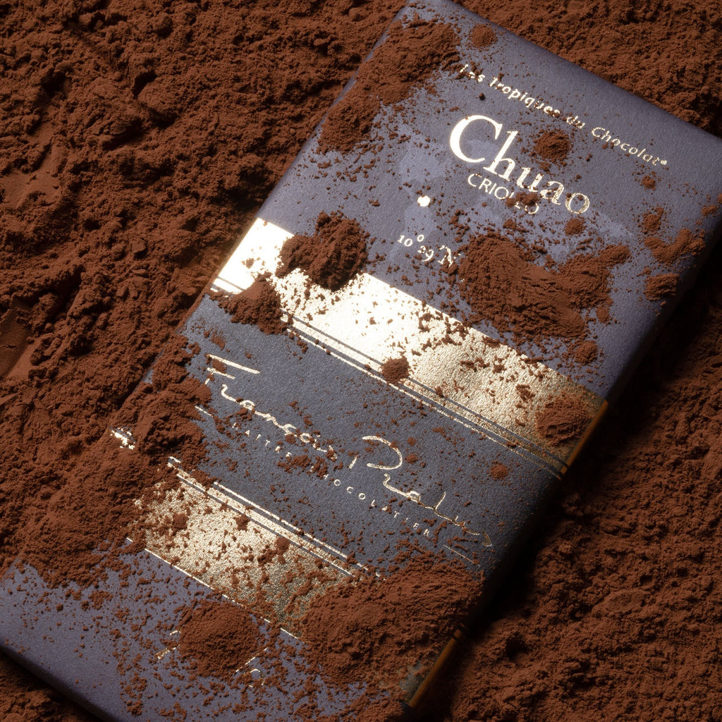 Pralus Chuao 75% dark blue gold foil bar dusted with cocoa powder