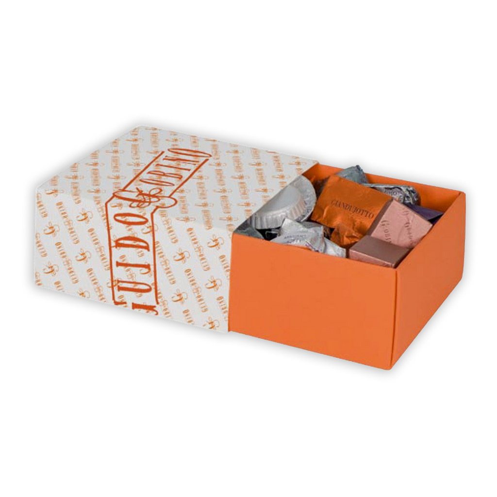 Guido Gobino small assorted chocolate cube gift box with orange buddo logo, 25 pcs