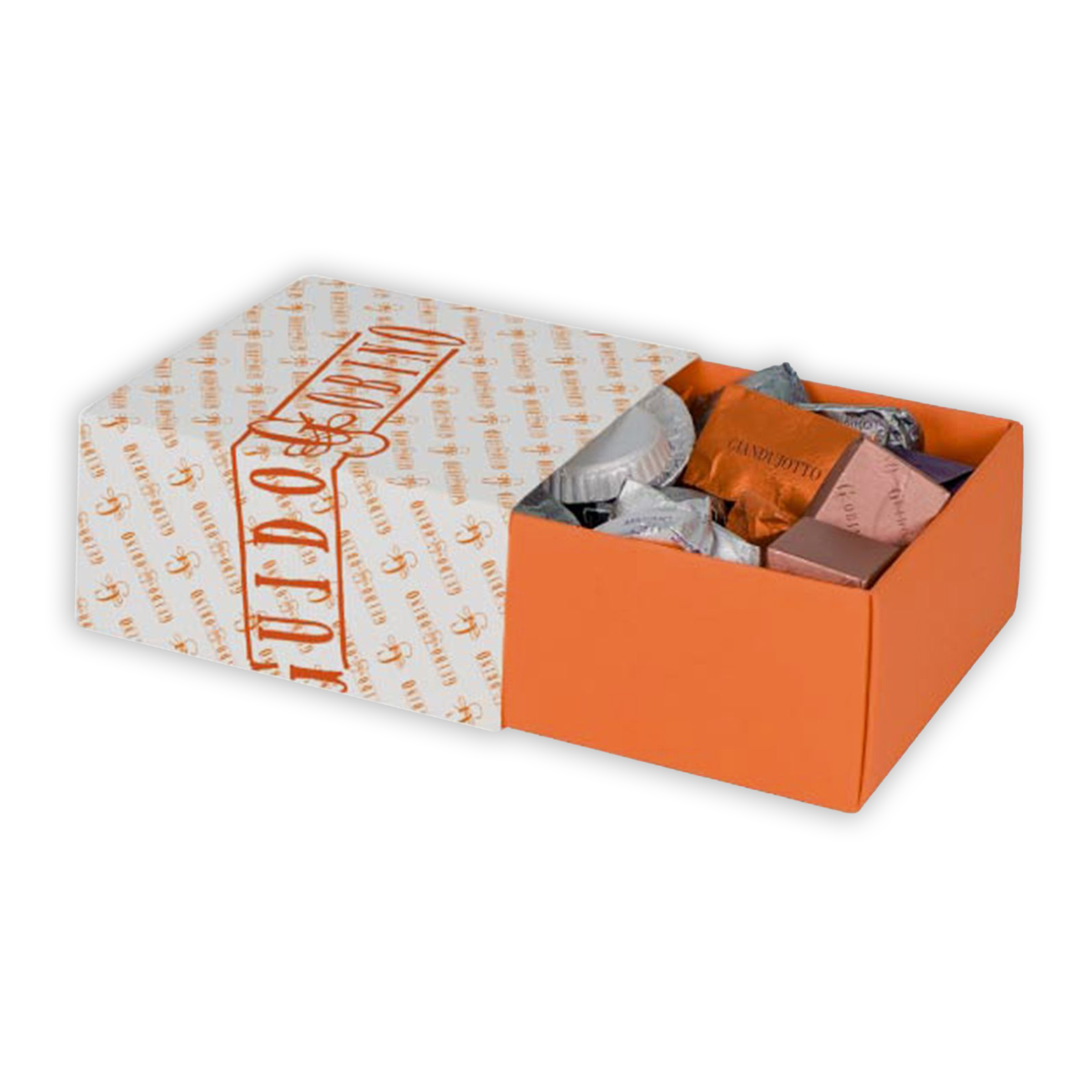 Guido Gobino small assorted chocolate cube gift box with orange buddo logo, 25 pcs