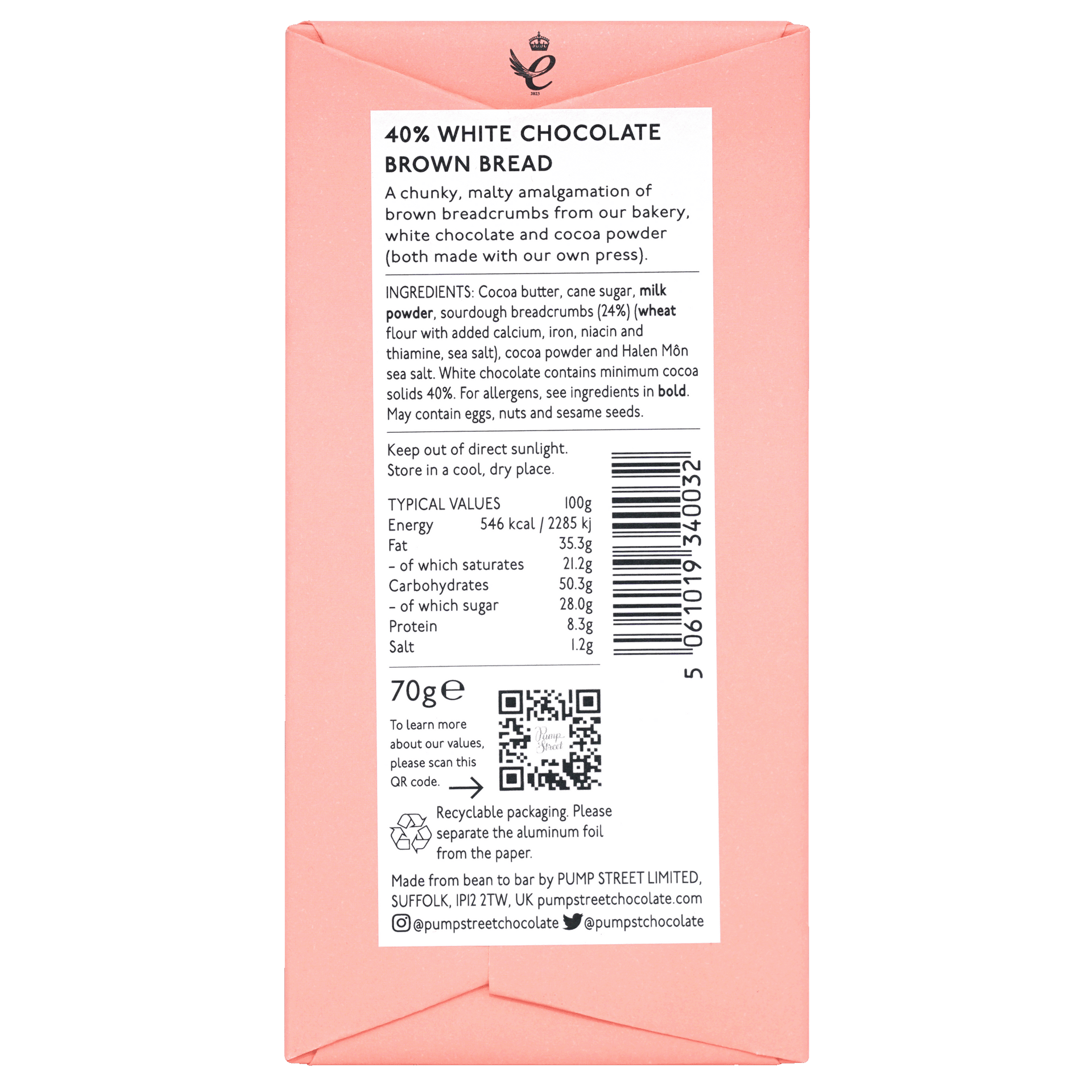 Back of Pump Street Brown Bread box showing description, ingredients, nutrition and barcode