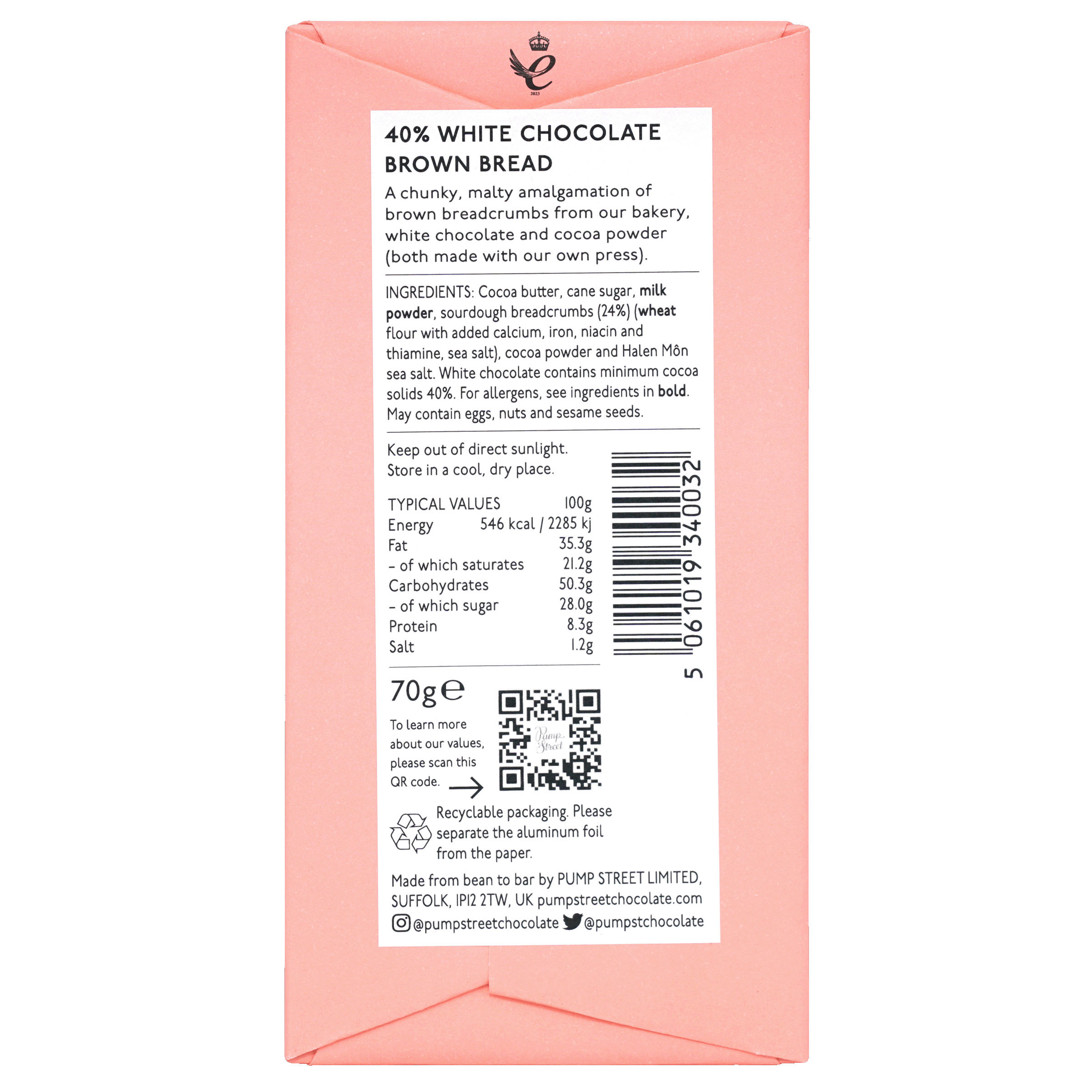 Back of Pump Street Brown Bread box showing description, ingredients, nutrition and barcode