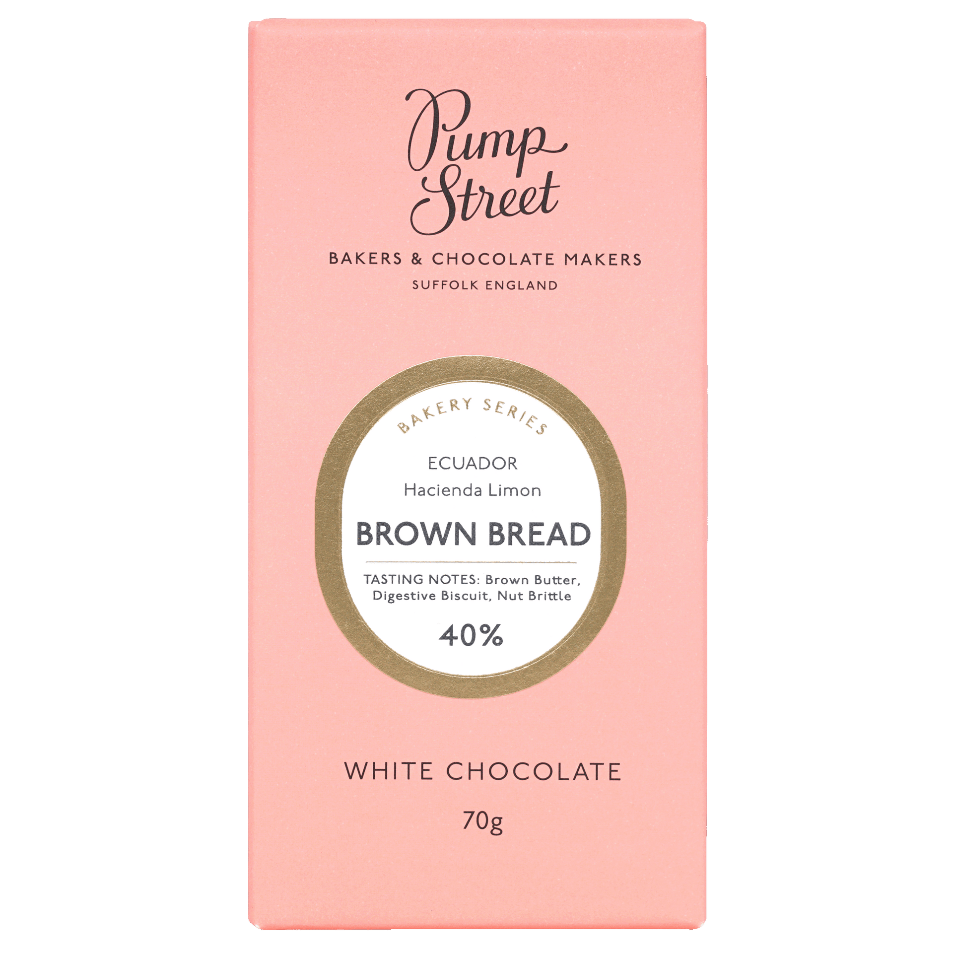 Pump Street Brown Bread 40% white chocolate bar, coral pink box with gold oval label