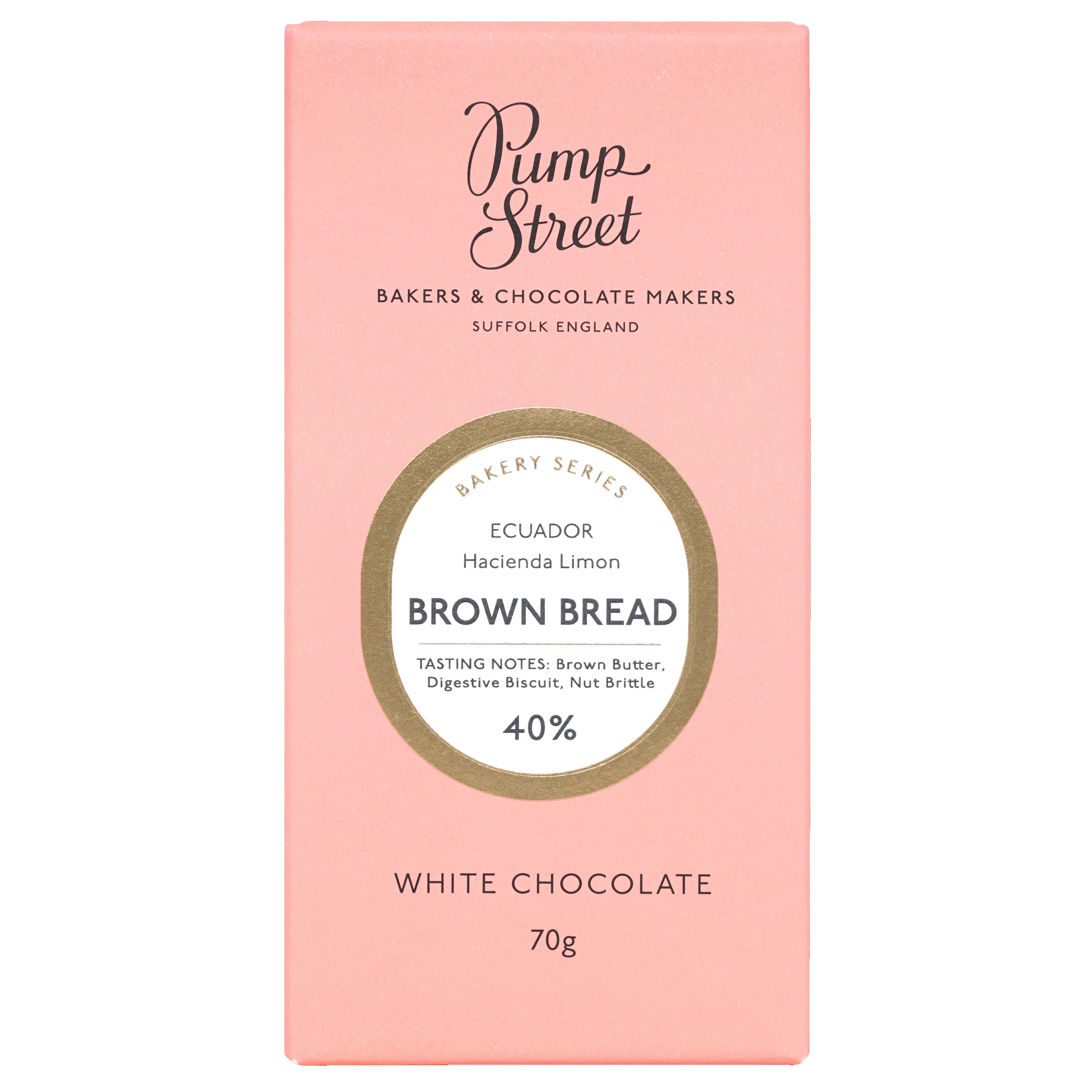 Pump Street Brown Bread 40% white chocolate bar, coral pink box with gold oval label