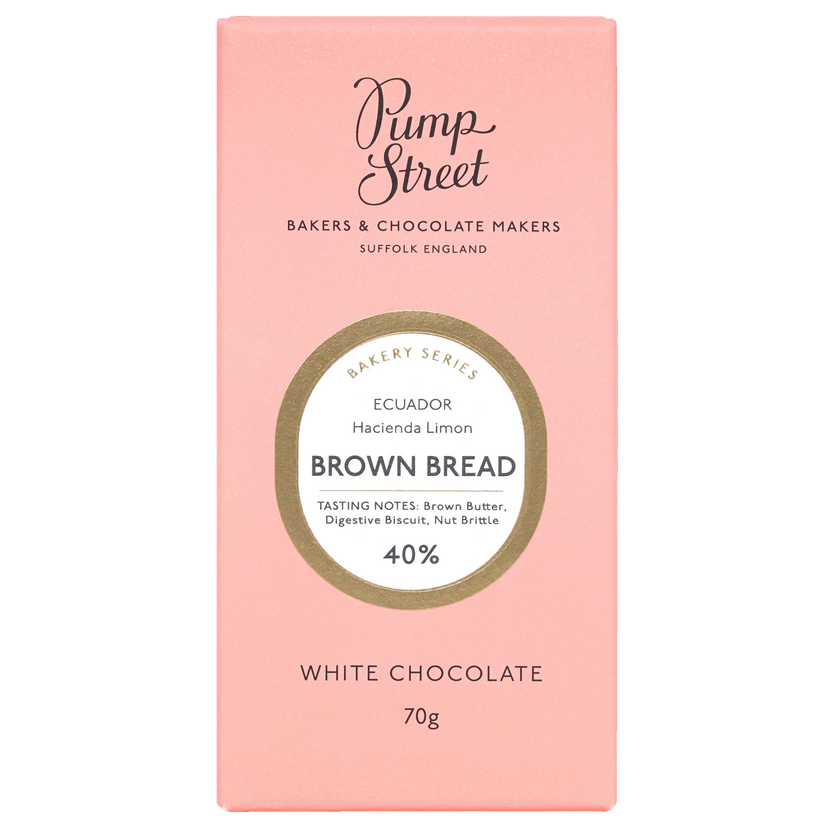 Pump Street Brown Bread 40% white chocolate bar, coral pink box with gold oval label