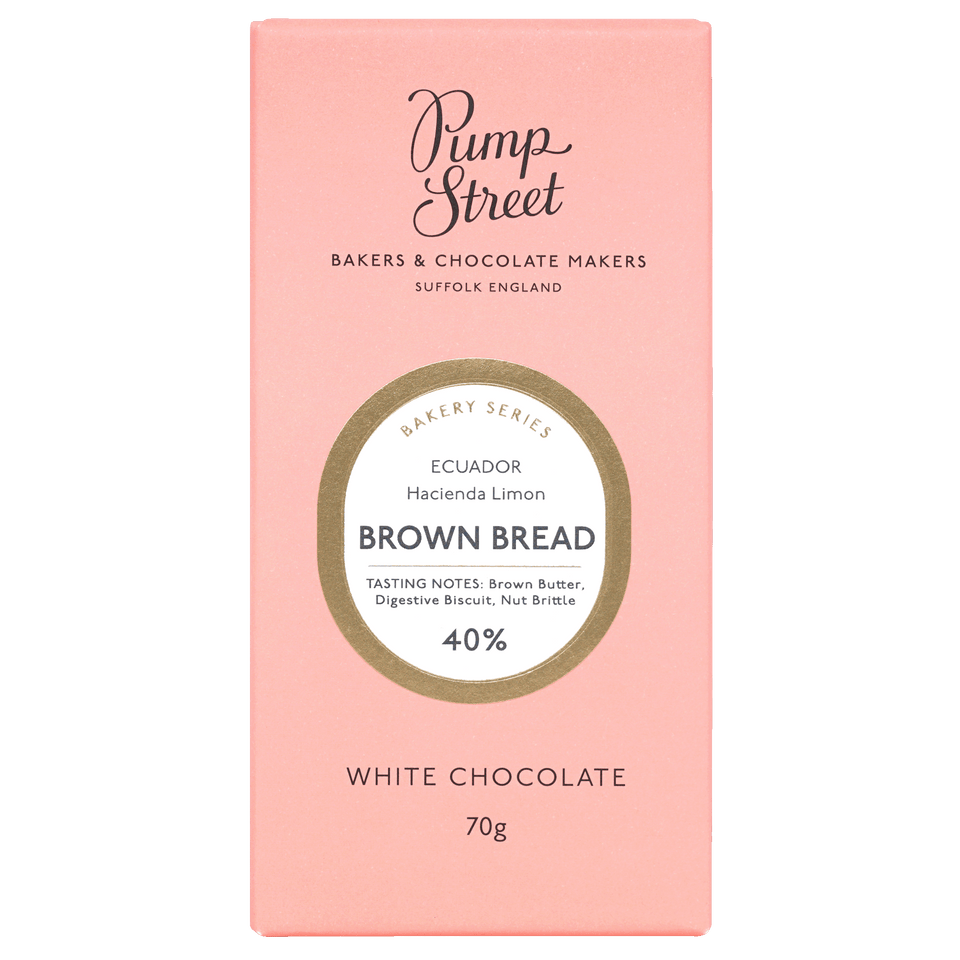 Pump Street Brown Bread 40% white chocolate bar, coral pink box with gold oval label