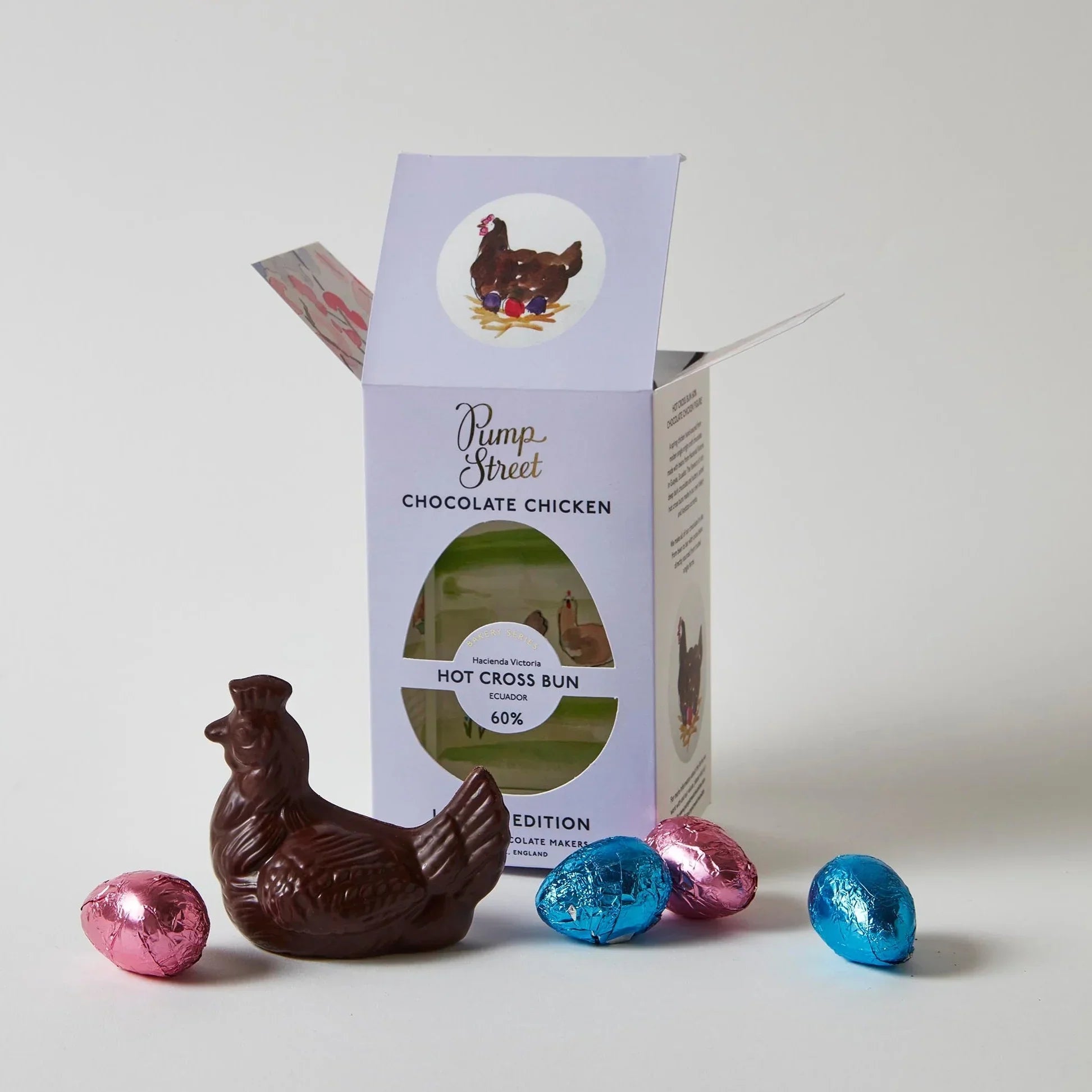 Pump Street Chicken and Egg Box Hot Cross Bun 60% dark chocolate chicken with egg candies