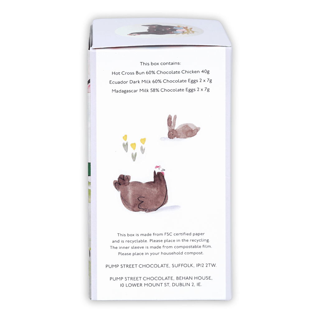 Pump Street Chicken and Egg Box with watercolor chicken, rabbit, flowers, chocolate eggs, hot cross bun