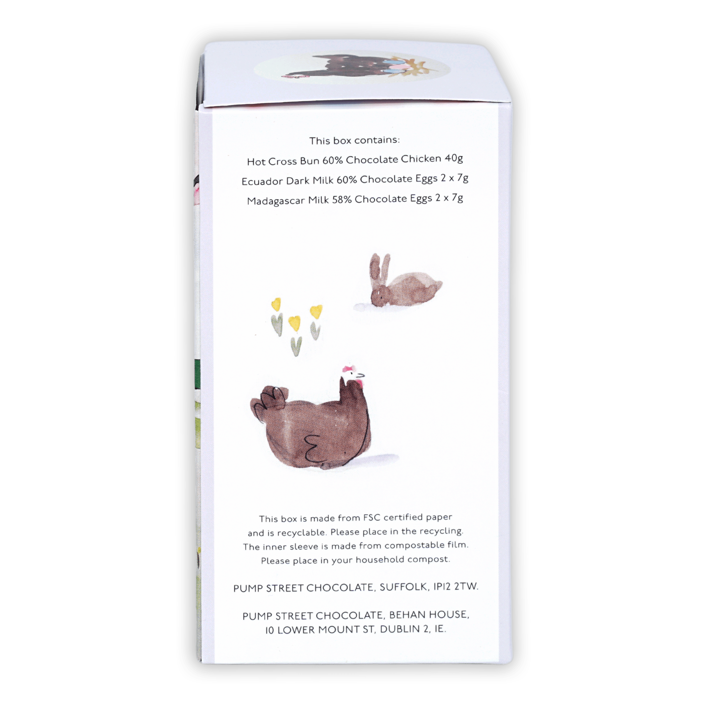 Pump Street Chicken and Egg Box with watercolor chicken, rabbit, flowers, chocolate eggs, hot cross bun