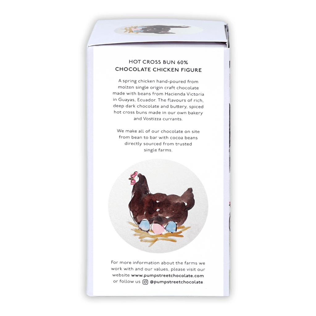 Chocolate-covered chicken figure from Pump Street Chicken and Egg Box Hot Cross Bun 60%