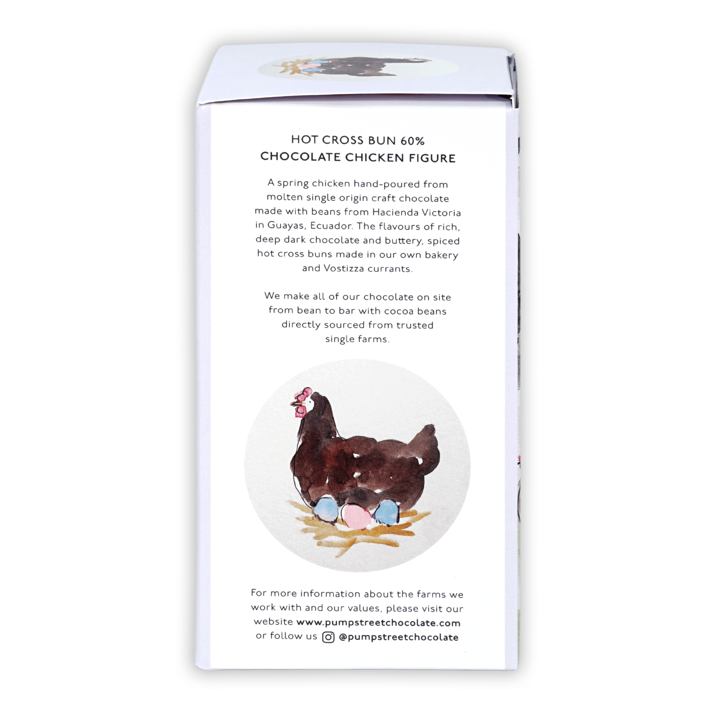 Chocolate-covered chicken figure from Pump Street Chicken and Egg Box Hot Cross Bun 60%