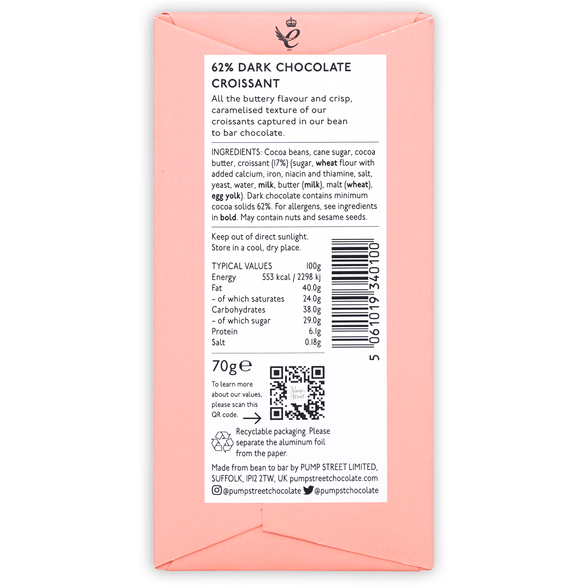 Pink Pump Street Croissant Bar 62% dark chocolate wrapper