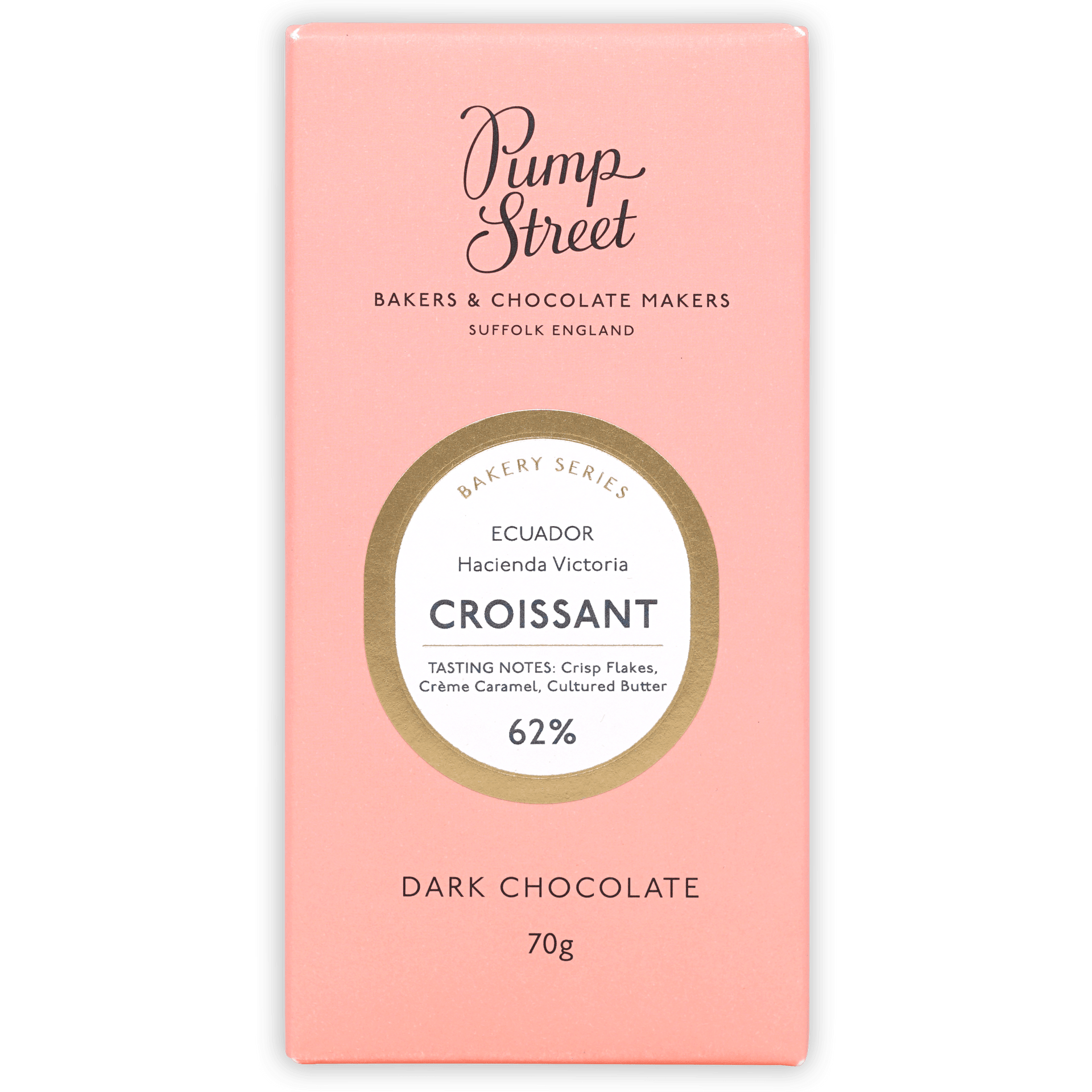 Pink rectangular Pump Street Croissant Bar, 62% Ecuador dark chocolate