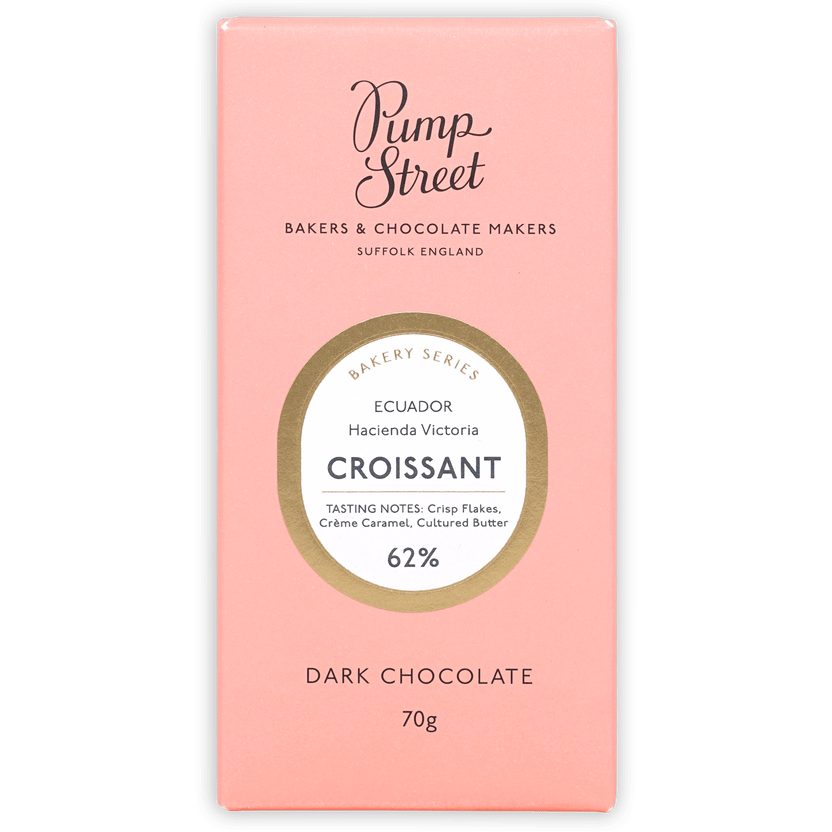 Pink rectangular Pump Street Croissant Bar, 62% Ecuador dark chocolate