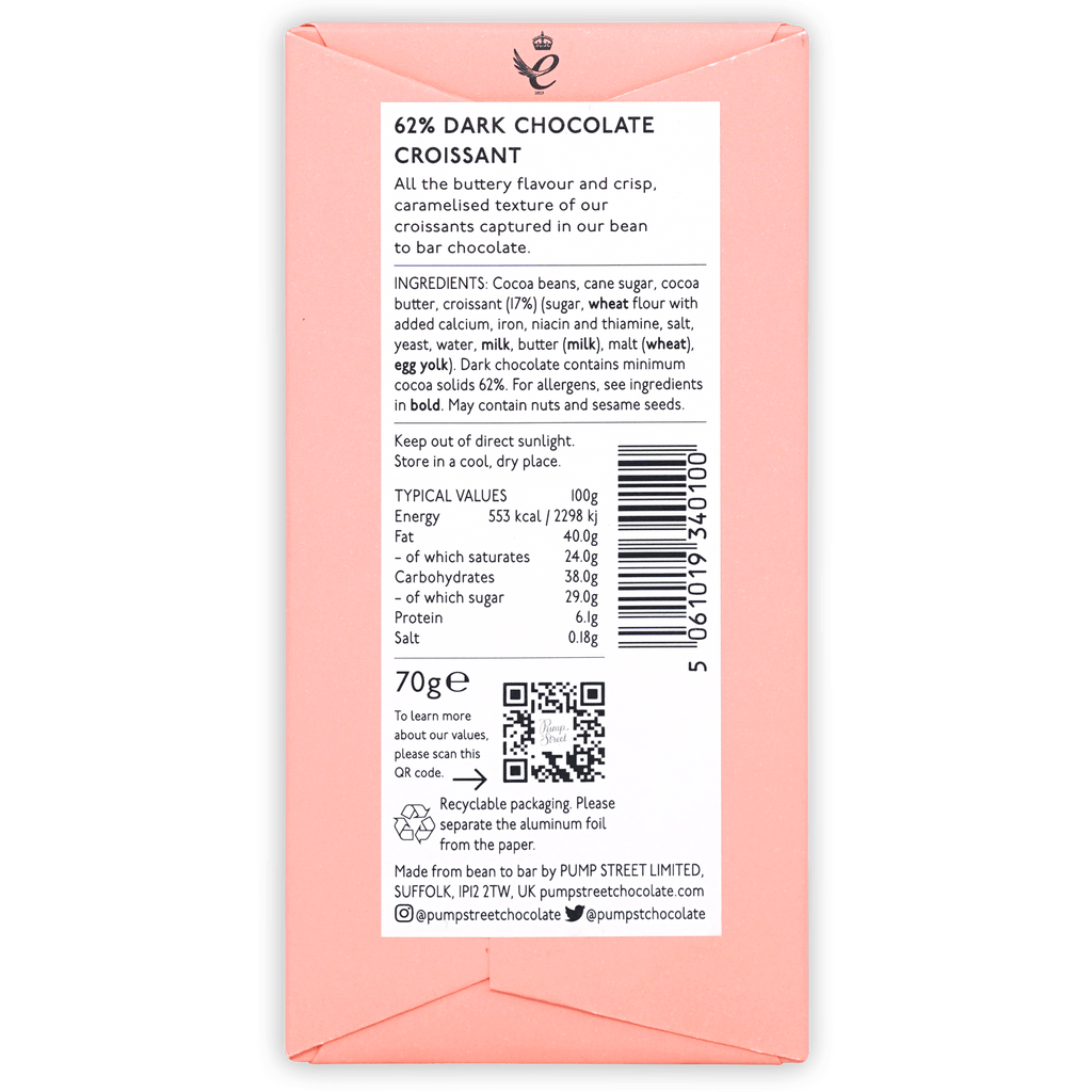 Pink Pump Street Croissant Bar 62% dark chocolate wrapper