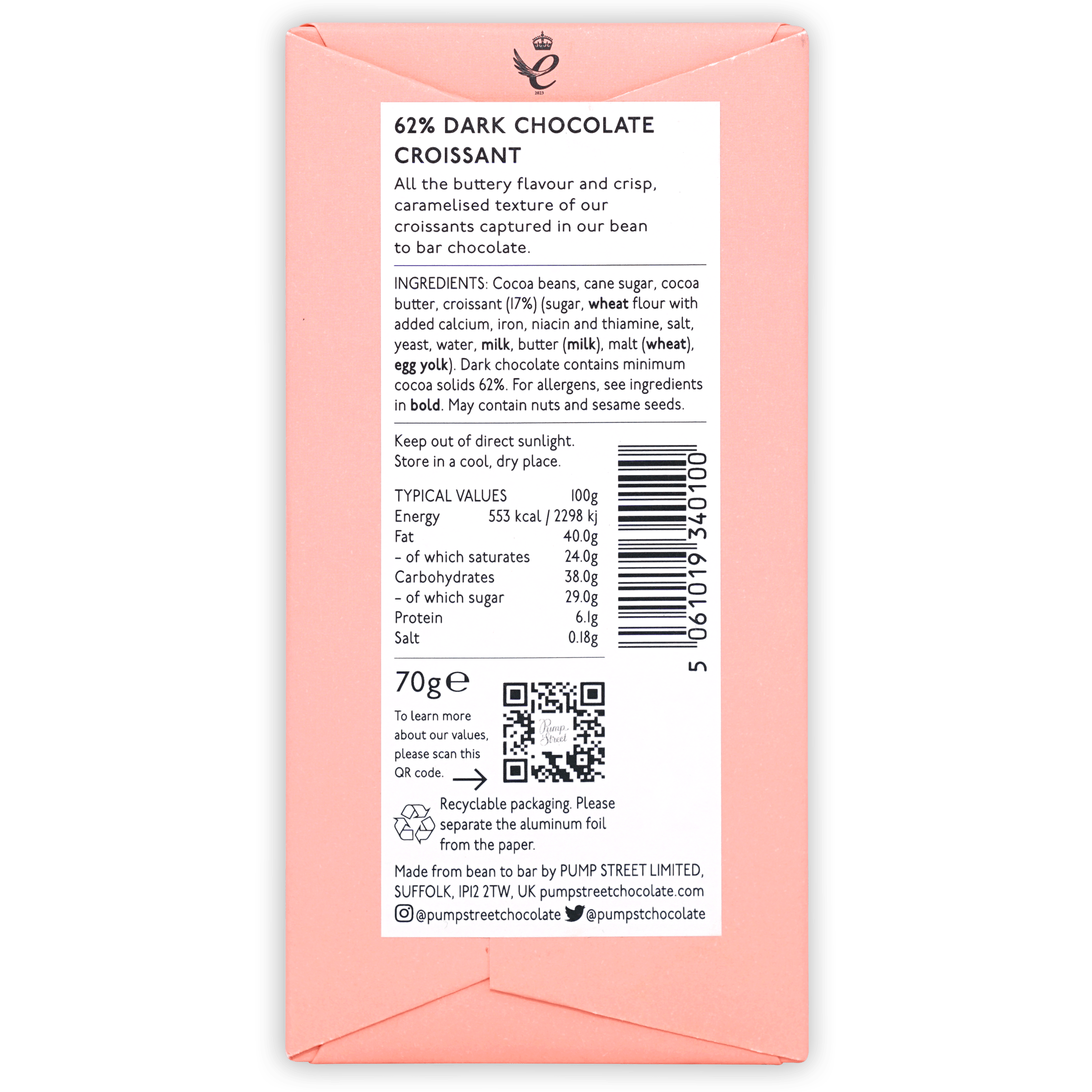Pink Pump Street Croissant Bar 62% dark chocolate wrapper
