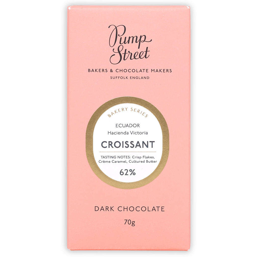 Pink rectangular Pump Street Croissant Bar, 62% Ecuador dark chocolate
