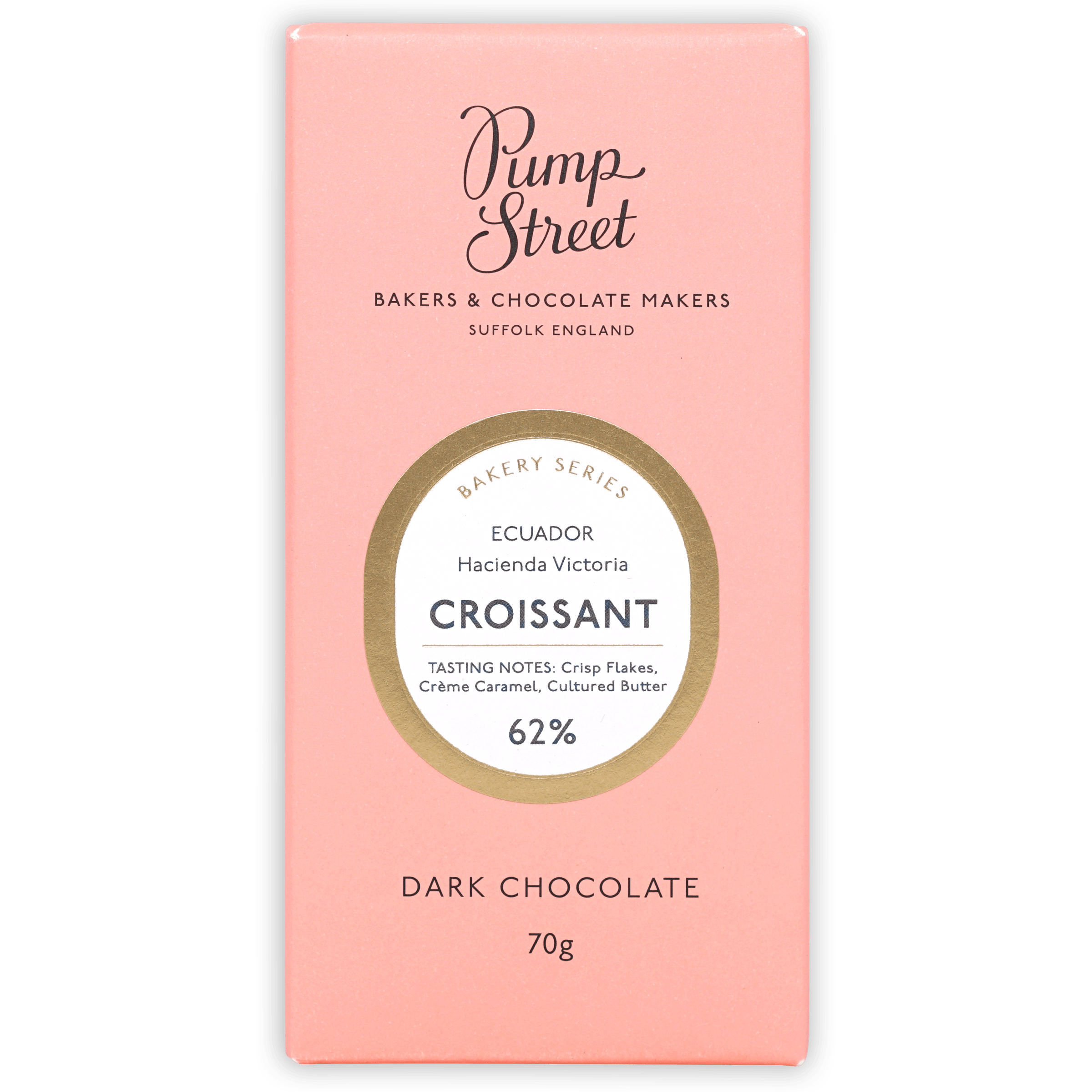 Pink rectangular Pump Street Croissant Bar, 62% Ecuador dark chocolate