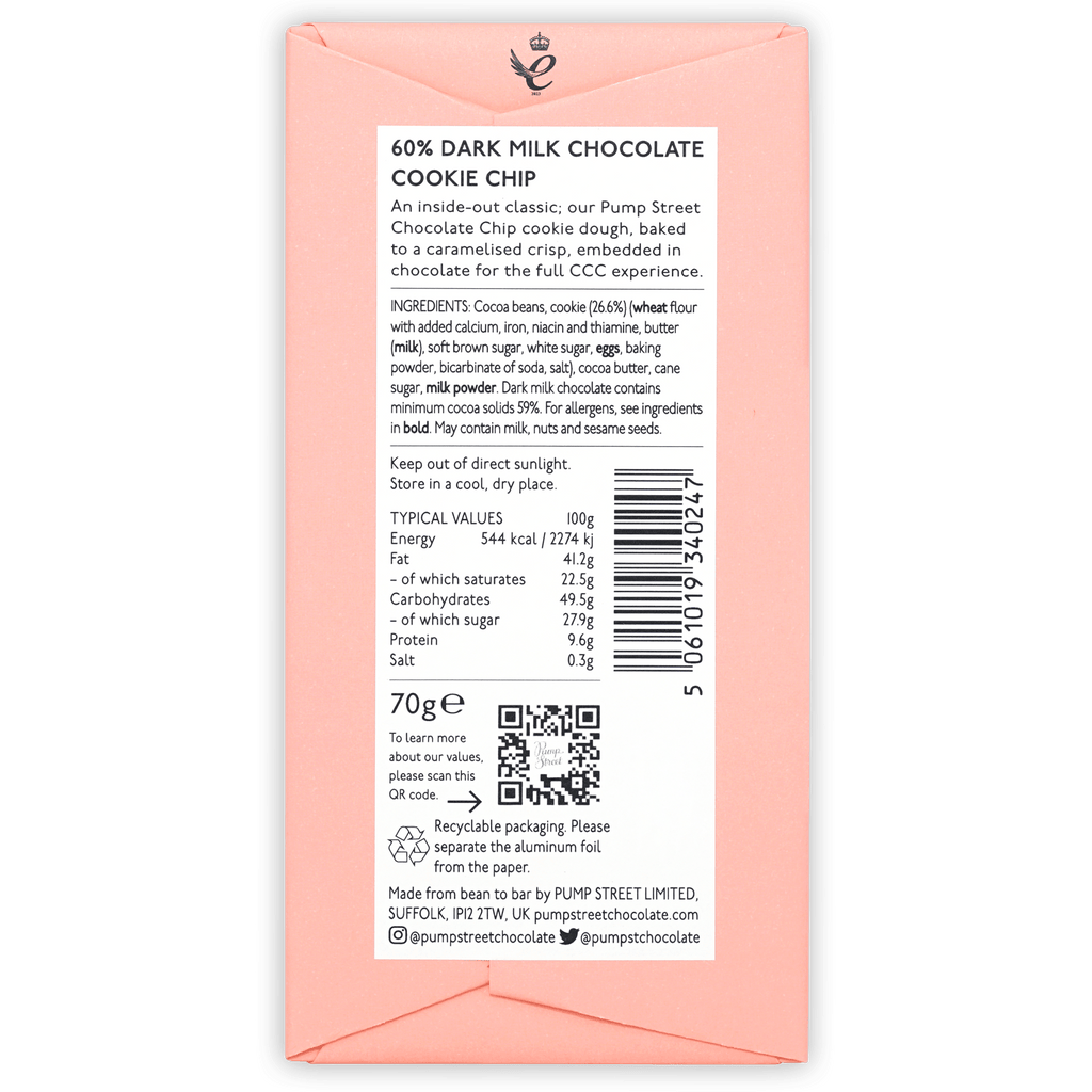 Pink 70g Pump Street 60% dark milk chocolate cookie chip bar