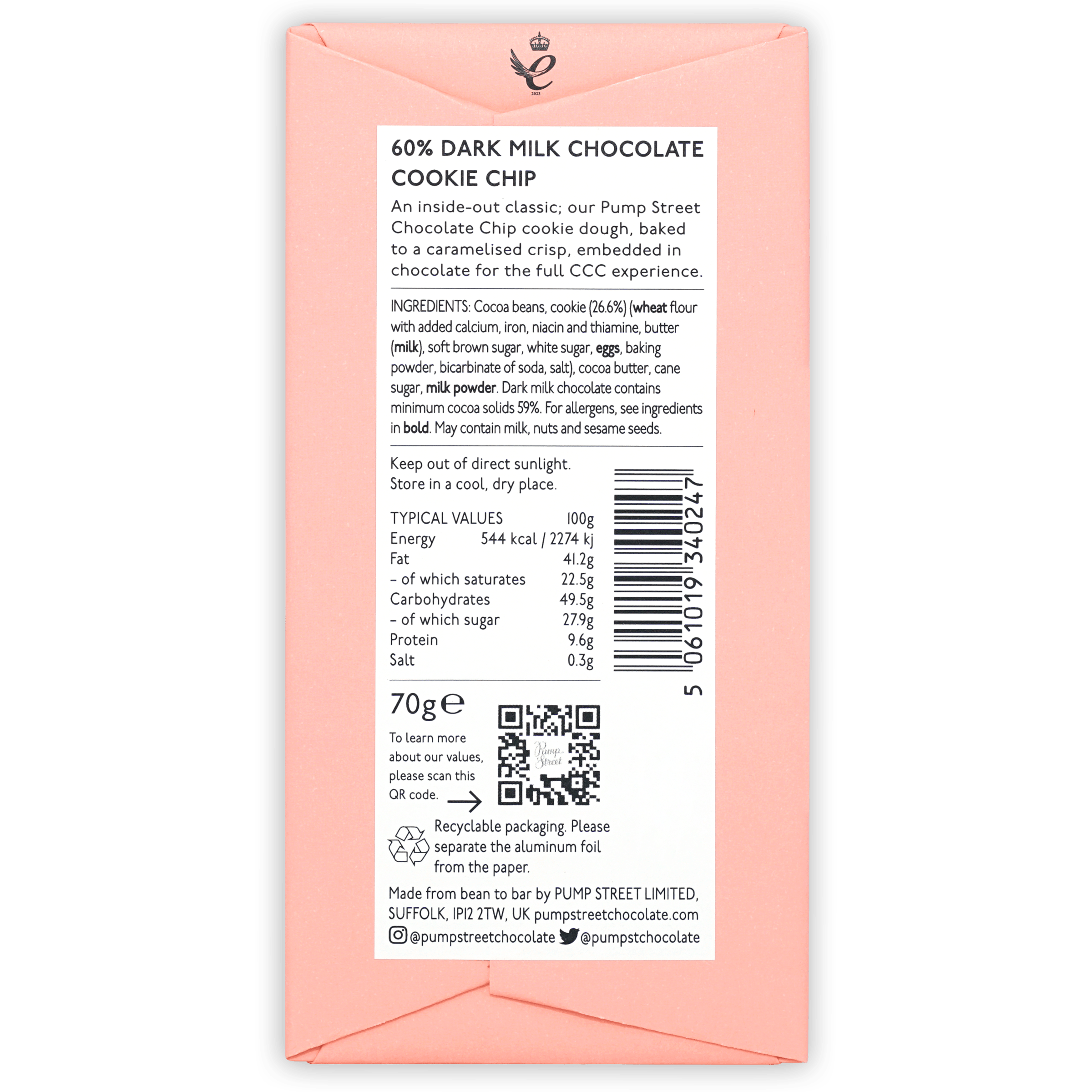 Pink 70g Pump Street 60% dark milk chocolate cookie chip bar
