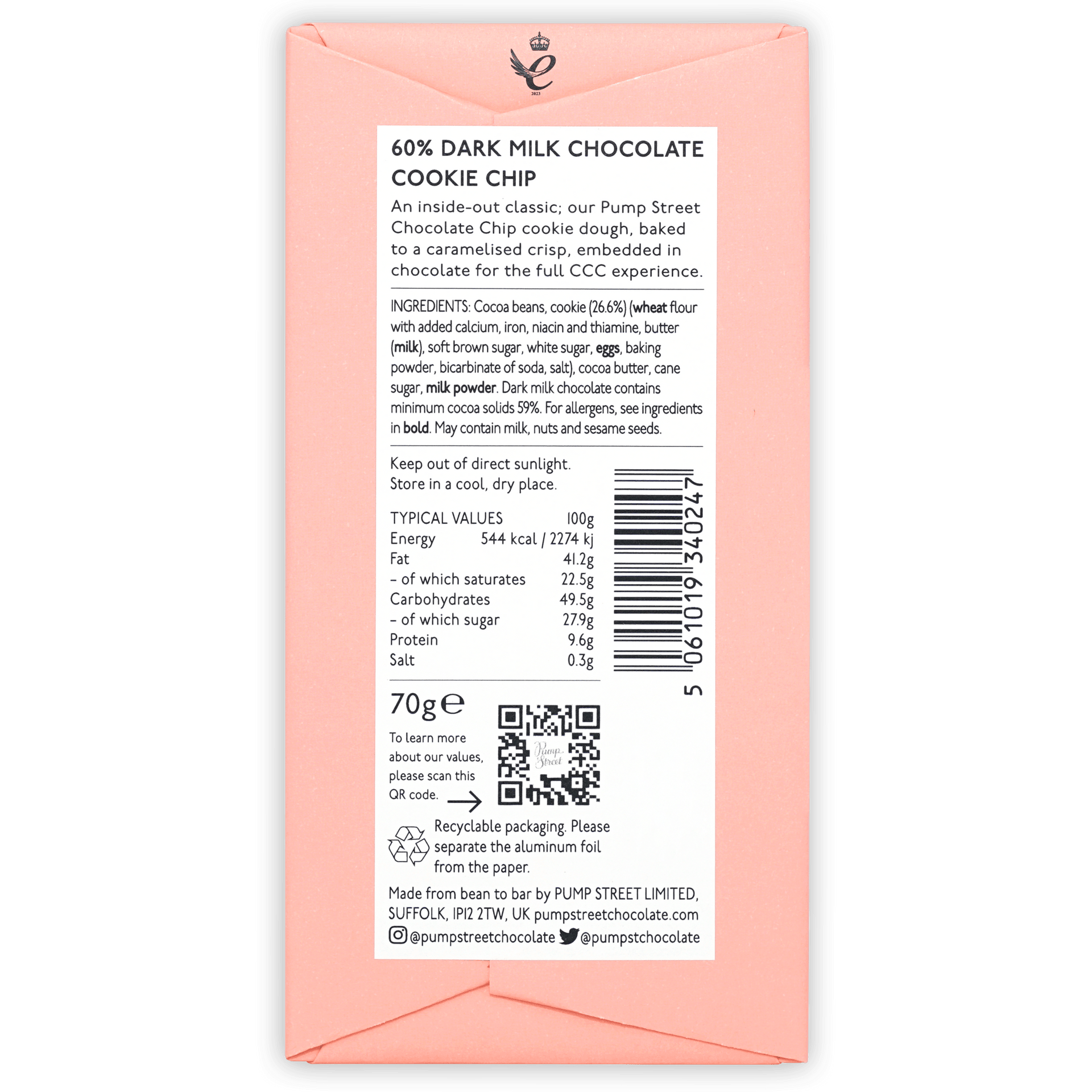 Pink 70g Pump Street 60% dark milk chocolate cookie chip bar