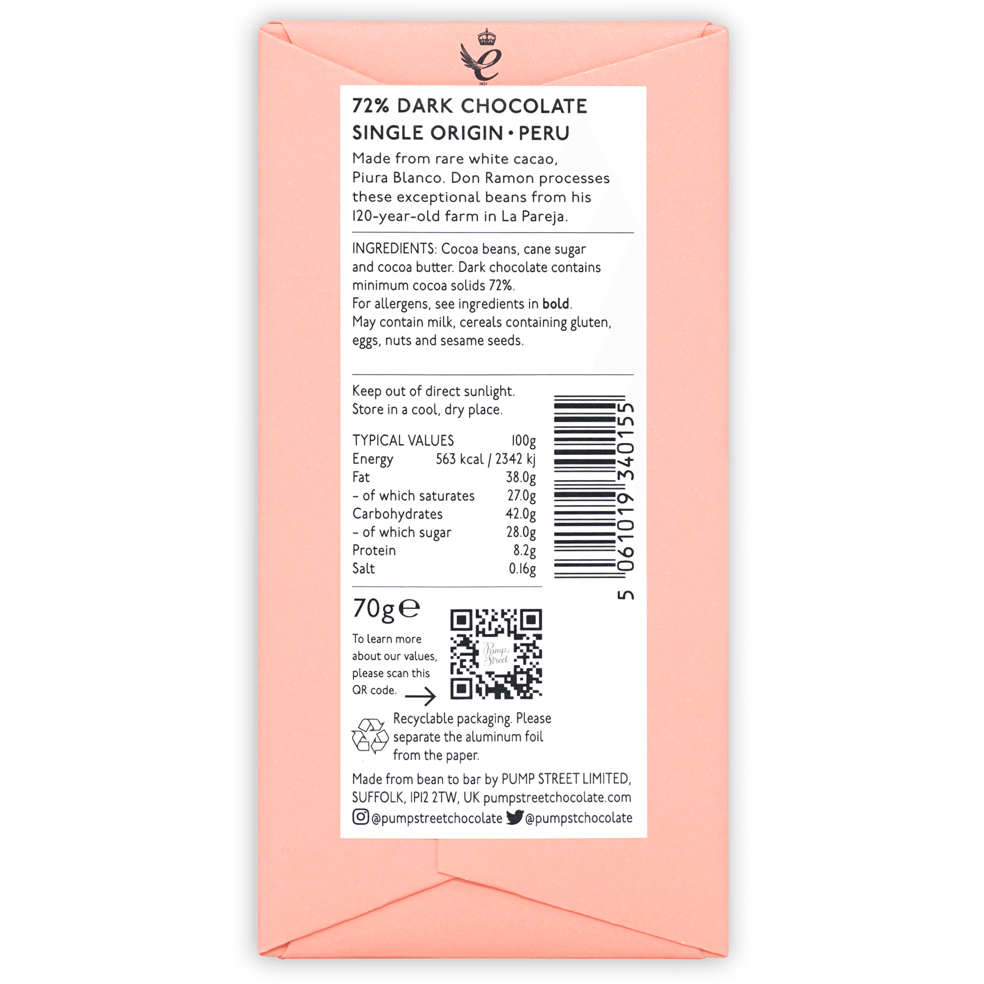 Pump Street Don Ramon’s Farm La Pareja Peru 72% dark chocolate wrapper