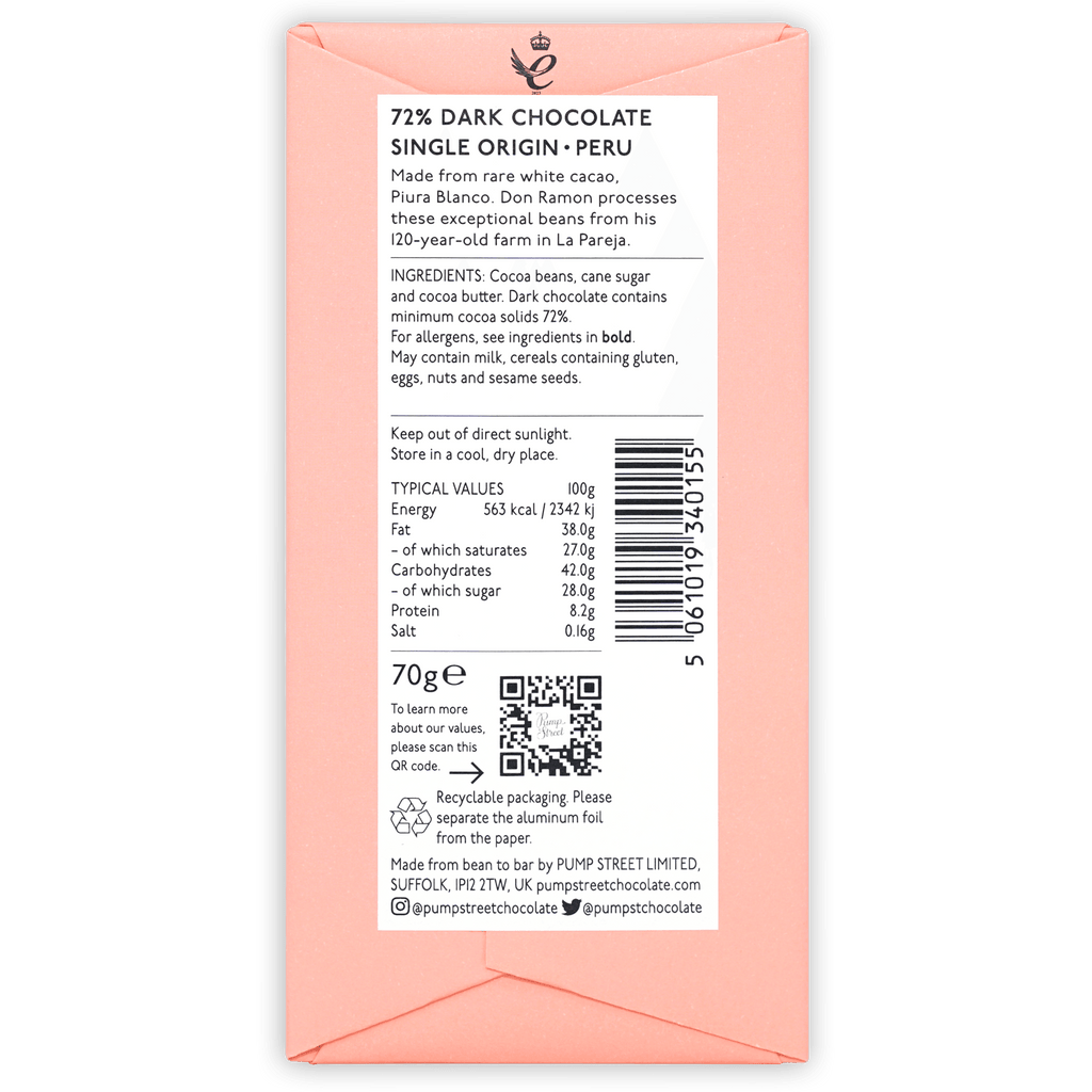 Pump Street Don Ramon’s Farm La Pareja Peru 72% dark chocolate wrapper