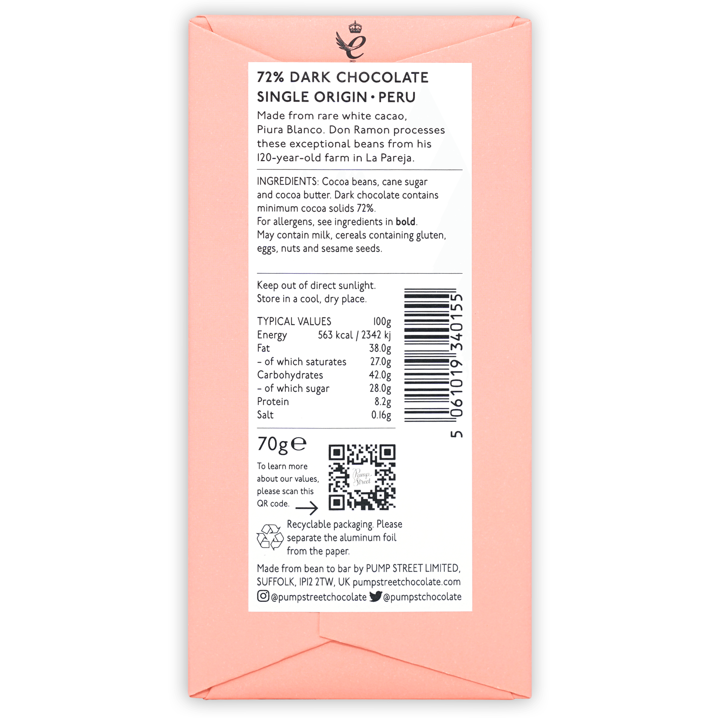 Pump Street Don Ramon’s Farm La Pareja Peru 72% dark chocolate wrapper