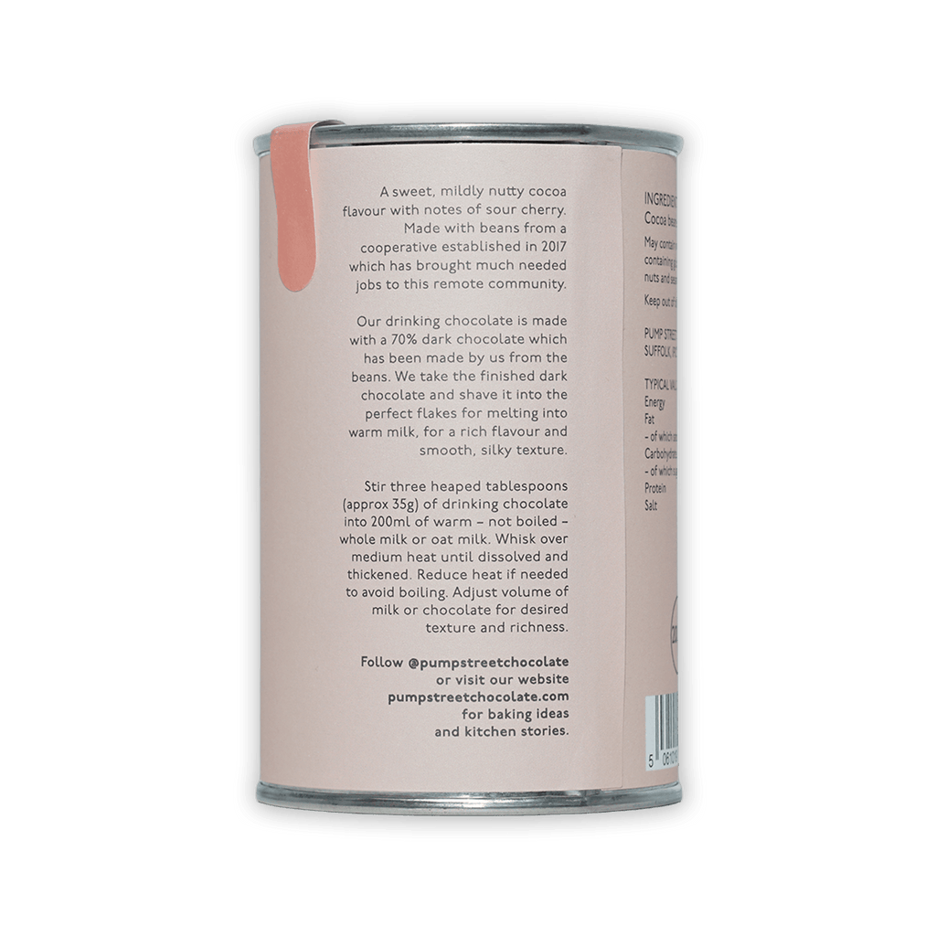 Pump Street Drinking Chocolate West Papua 70% matte pink can back