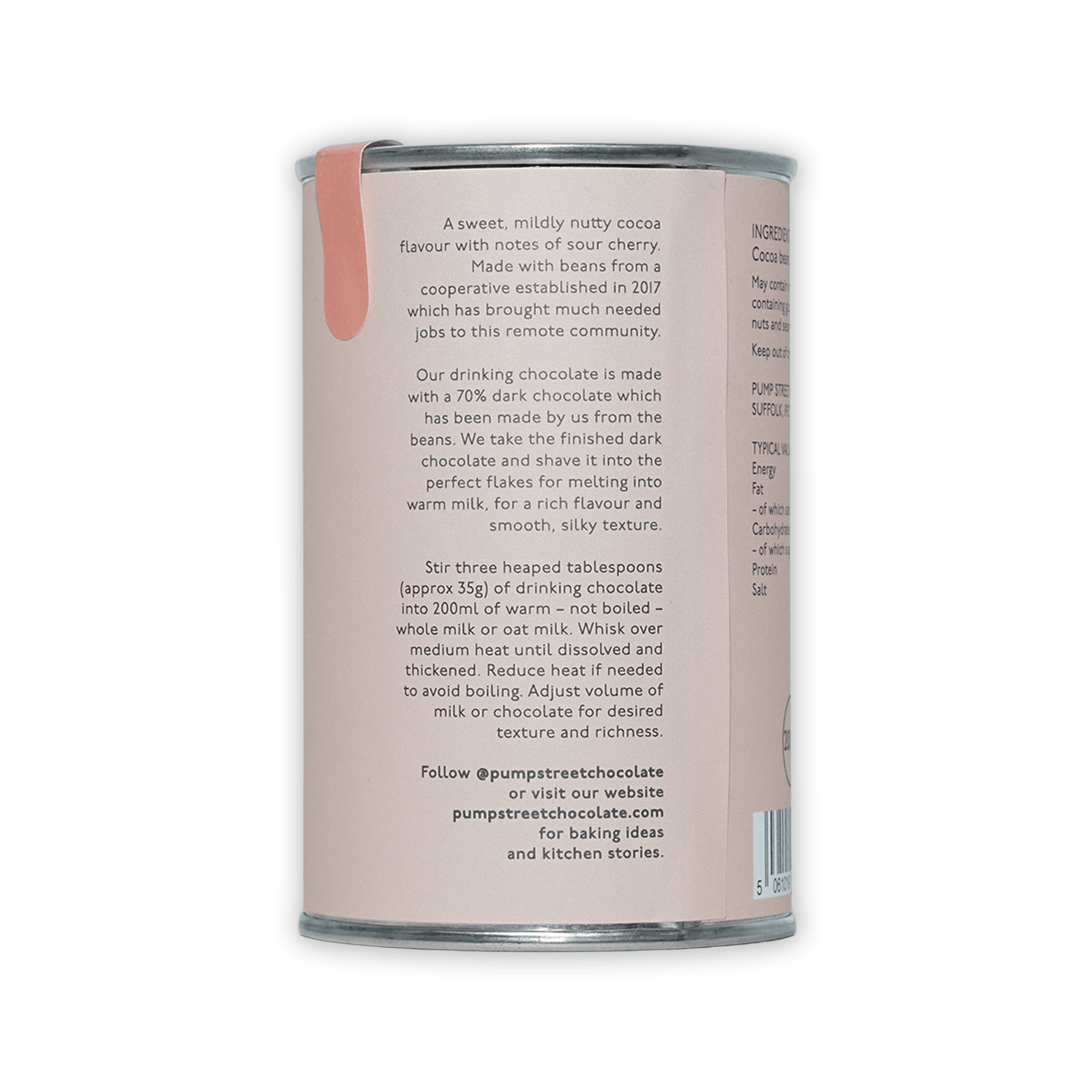 Pump Street Drinking Chocolate West Papua 70% matte pink can back