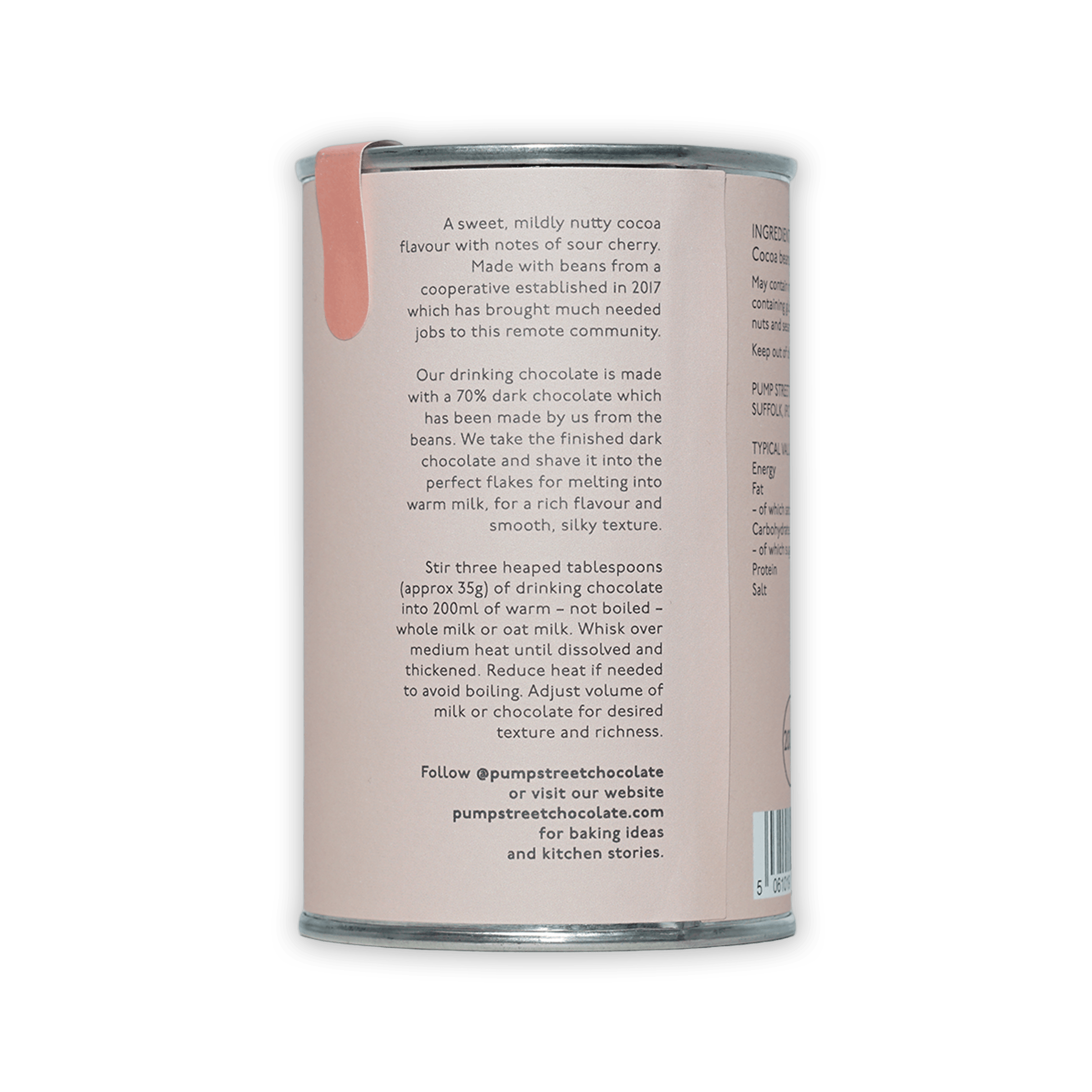 Pump Street Drinking Chocolate West Papua 70% matte pink can back