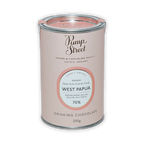 Pink cylindrical tin of Pump Street Drinking Chocolate West Papua 70%