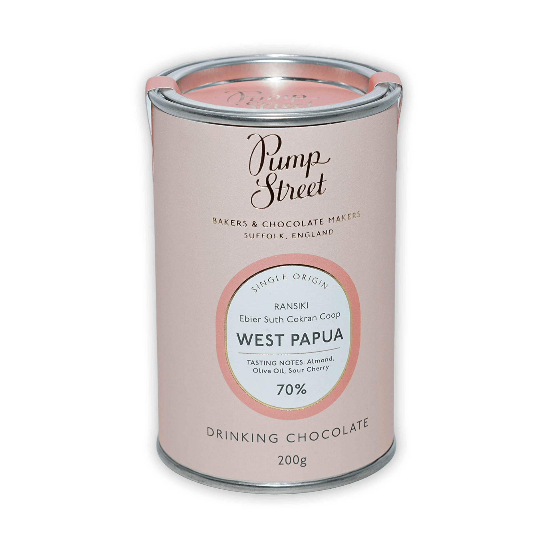 Pink cylindrical tin of Pump Street Drinking Chocolate West Papua 70%