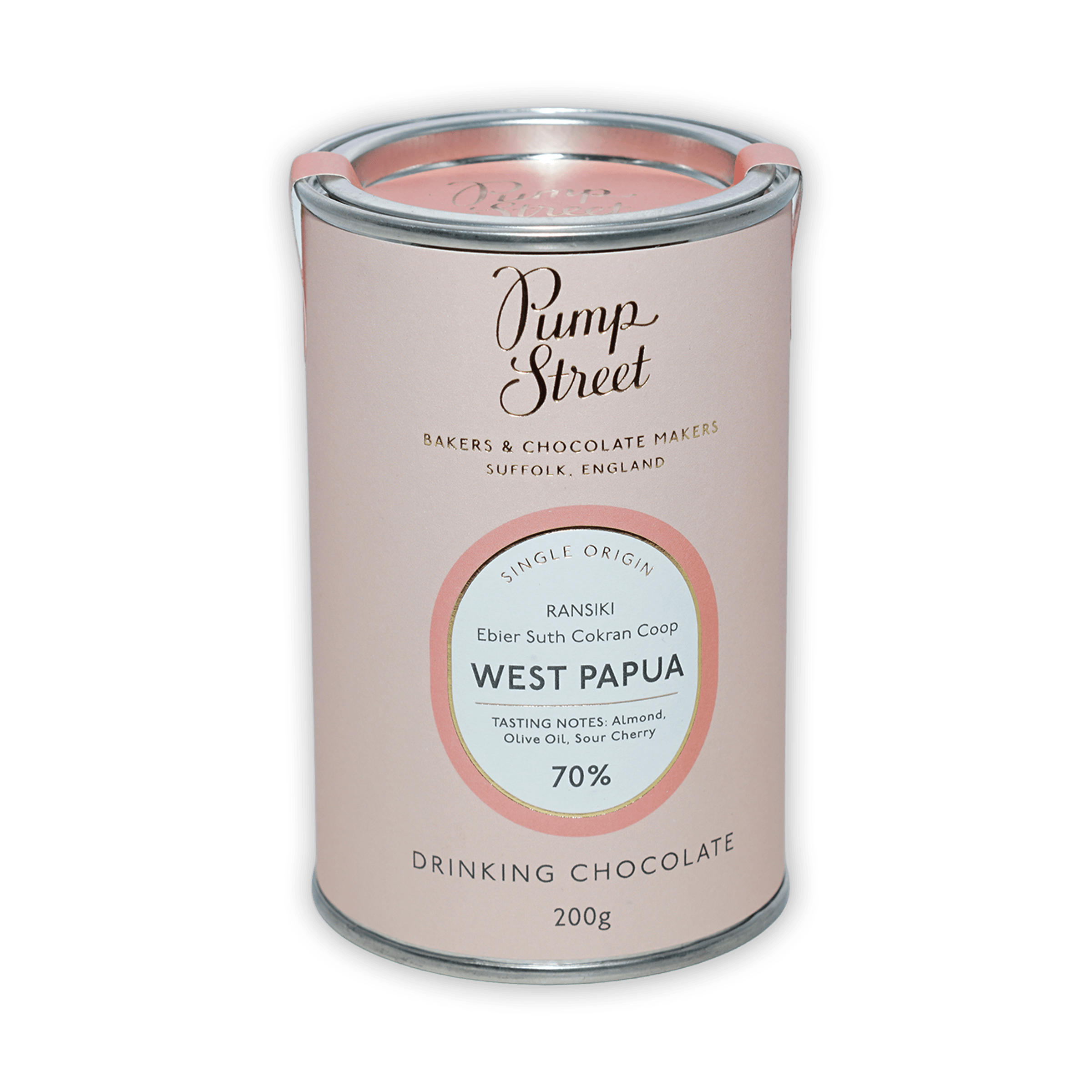Pink cylindrical tin of Pump Street Drinking Chocolate West Papua 70%