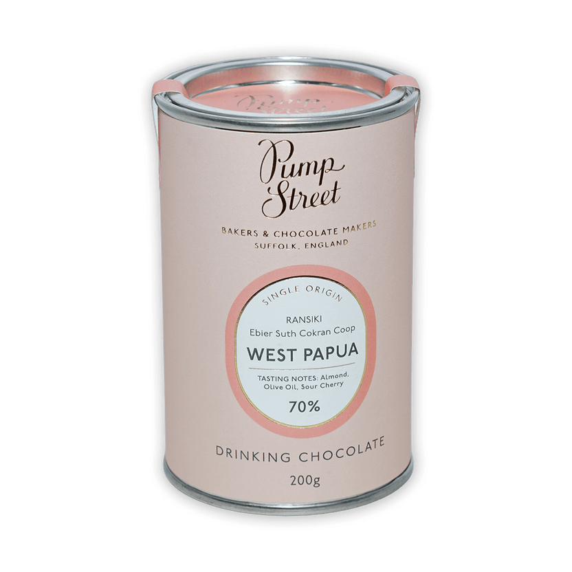 Pink cylindrical tin of Pump Street Drinking Chocolate West Papua 70%