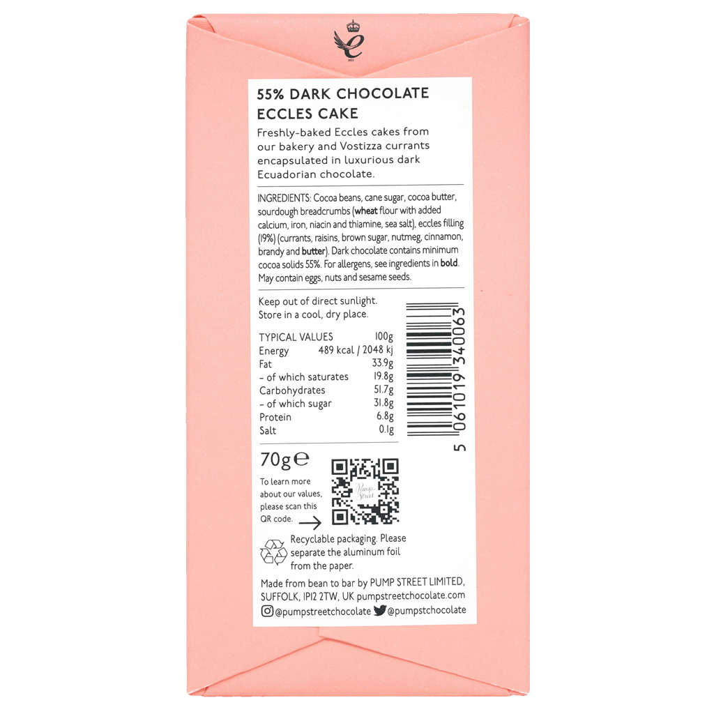 Back of Pump Street coral box, 55% dark chocolate Eccles Cake, ingredients, nutrition panel and barcode, 70g