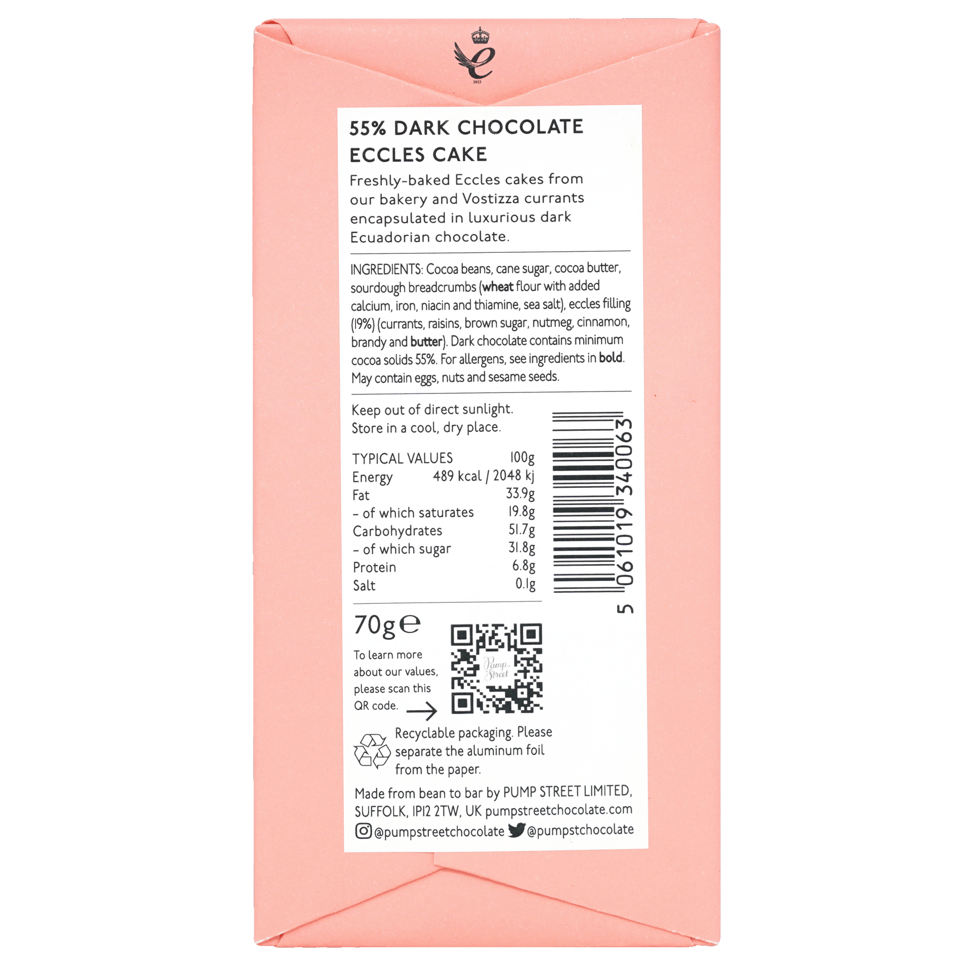 Back of Pump Street coral box, 55% dark chocolate Eccles Cake, ingredients, nutrition panel and barcode, 70g