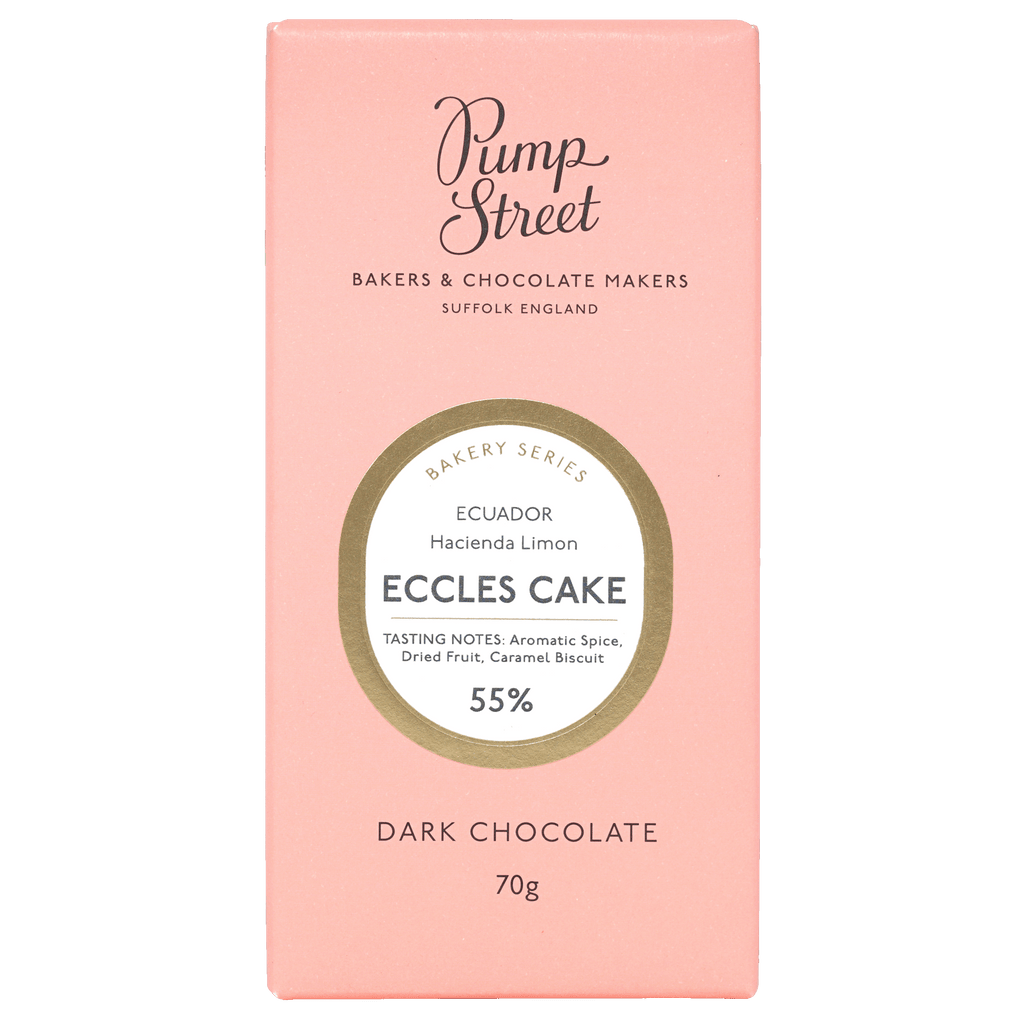 Pump Street coral box, gold circle reads Ecuador Hacienda Limon Eccles Cake 55%, Bakery Series dark chocolate, 70g