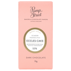 Pump Street coral box, gold circle reads Ecuador Hacienda Limon Eccles Cake 55%, Bakery Series dark chocolate, 70g