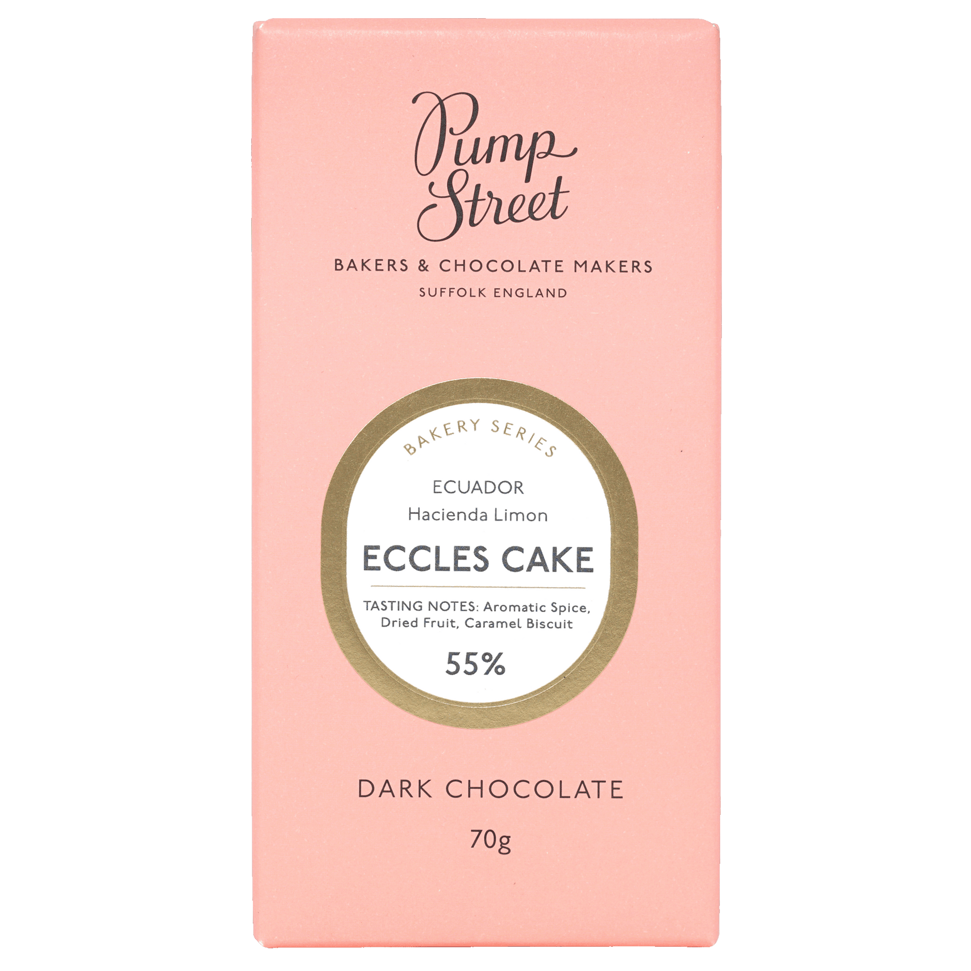 Pump Street coral box, gold circle reads Ecuador Hacienda Limon Eccles Cake 55%, Bakery Series dark chocolate, 70g