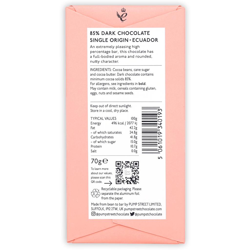 Back of Pump Street coral box, 85% dark chocolate single origin Ecuador, ingredients, nutrition panel and barcode, 70g