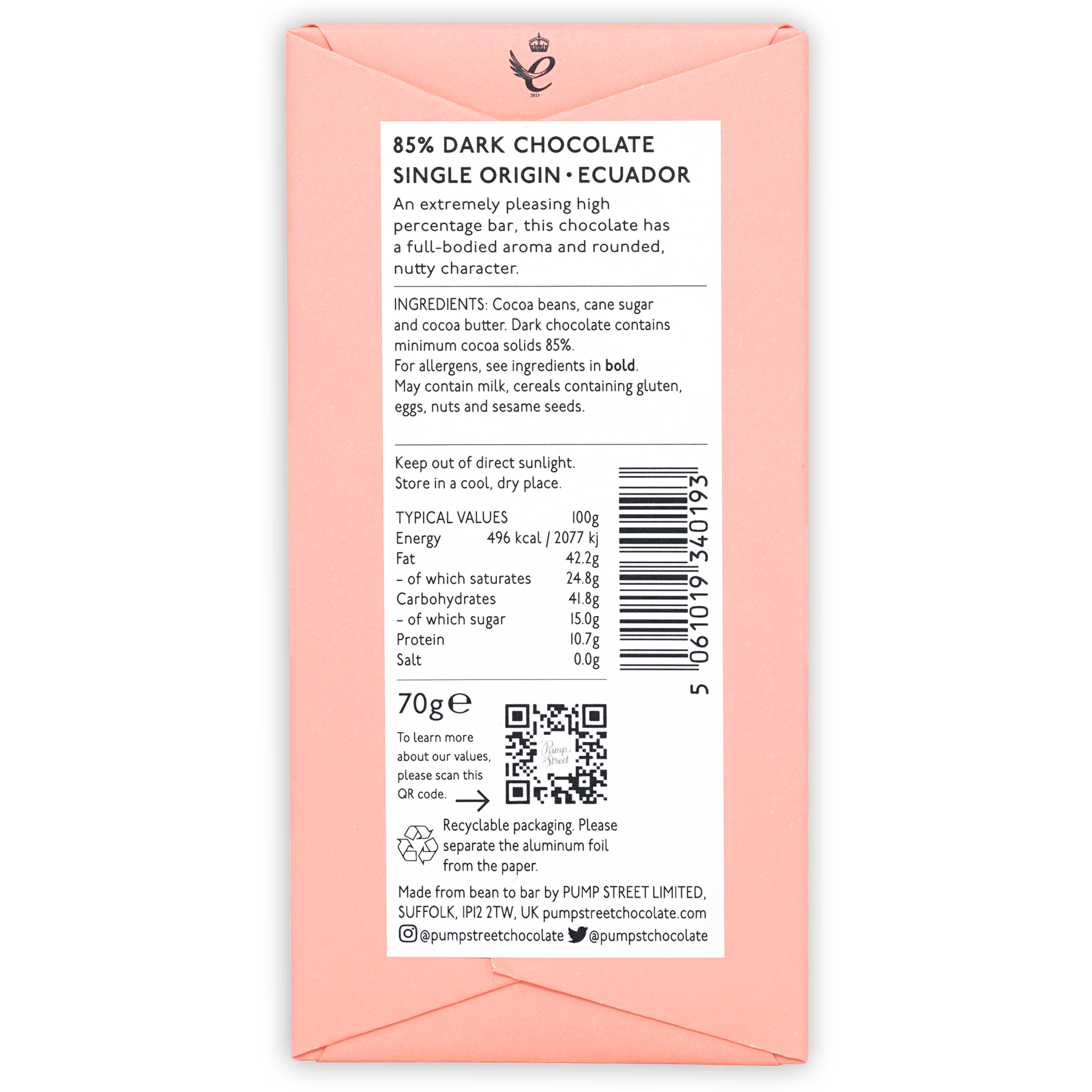 Back of Pump Street coral box, 85% dark chocolate single origin Ecuador, ingredients, nutrition panel and barcode, 70g