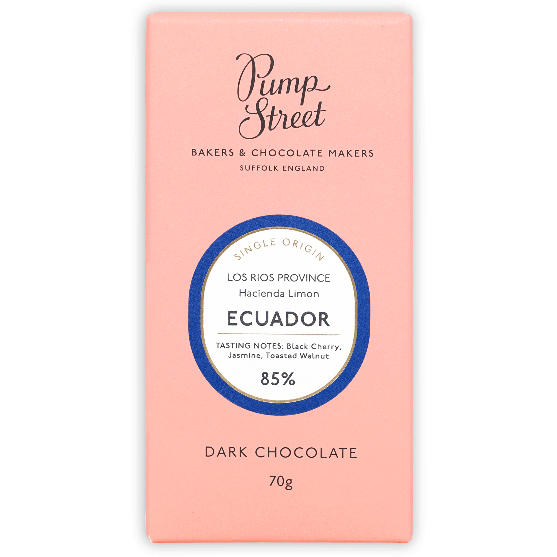 Pump Street coral box, blue circle reads Ecuador Hacienda Limon 85%, single origin dark chocolate, 70g