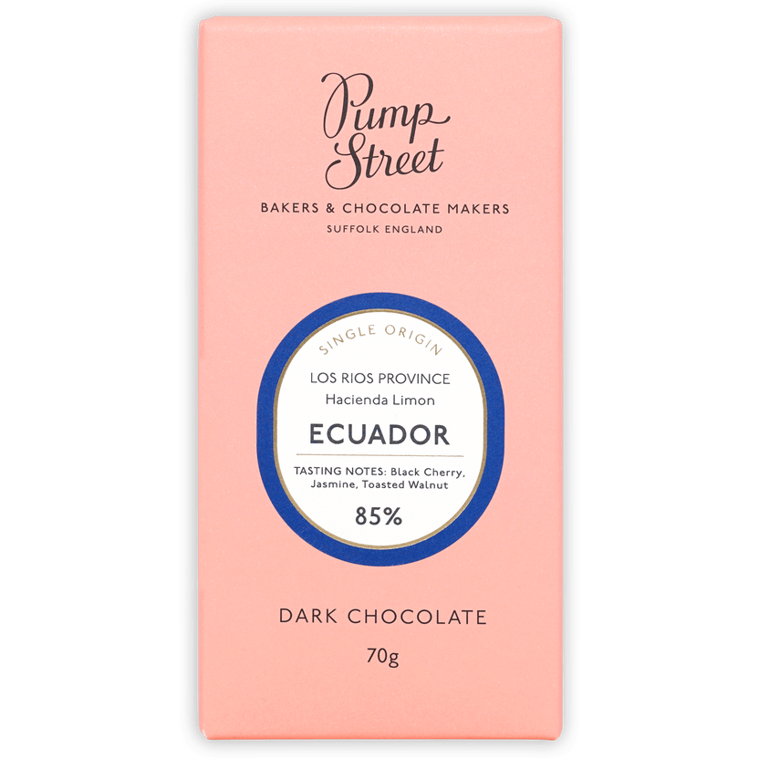 Pump Street coral box, blue circle reads Ecuador Hacienda Limon 85%, single origin dark chocolate, 70g