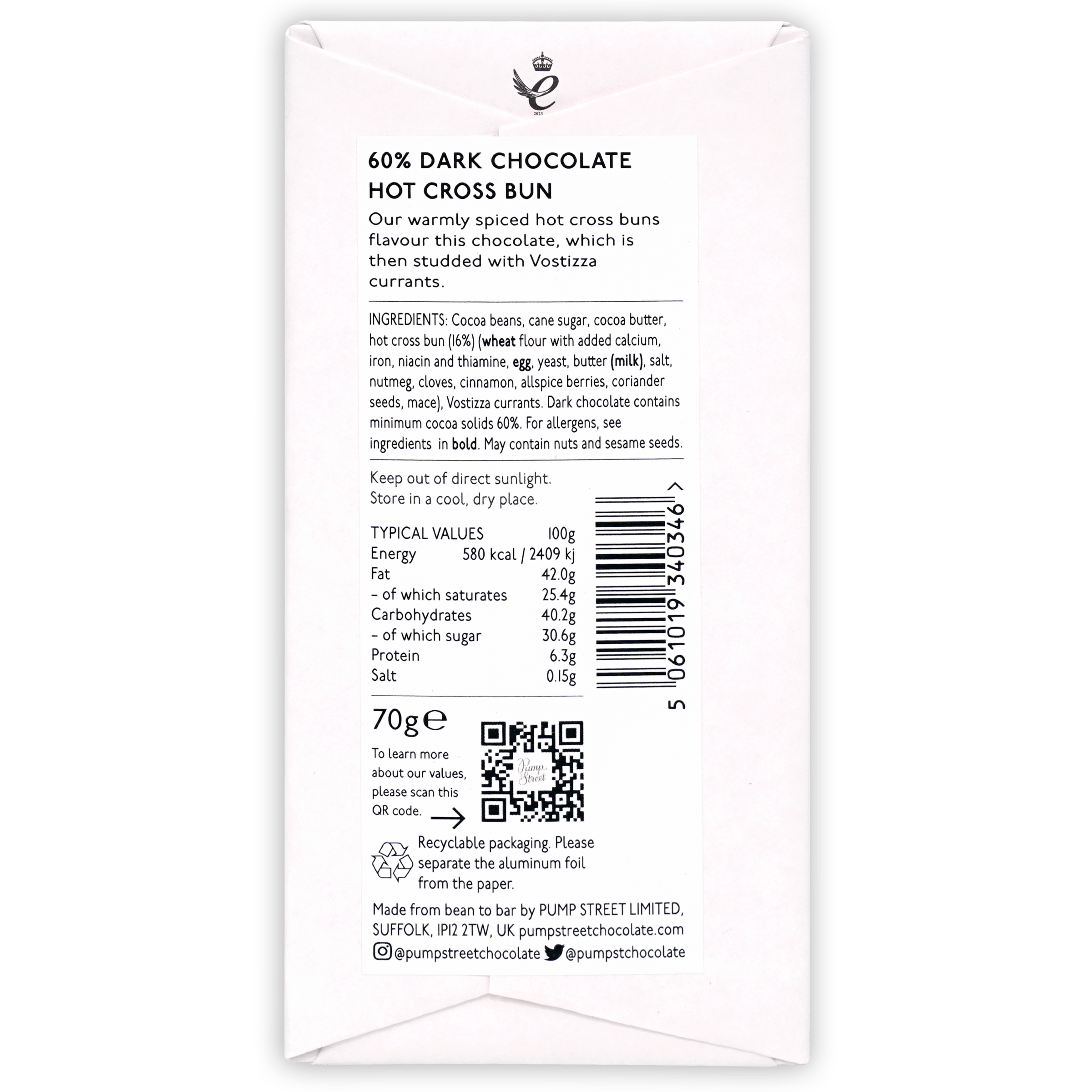 White rectangular chocolate bar wrapper with black text and crown logo featuring 60% dark chocolate hot cross bun flavor by pump street