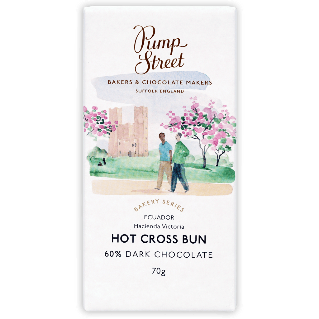 A white rectangular chocolate bar wrapper with watercolor illustration labeled pump street hot cross bun 58 percent limited edition