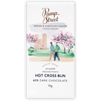A white rectangular chocolate bar wrapper with watercolor illustration labeled pump street hot cross bun 58 percent limited edition
