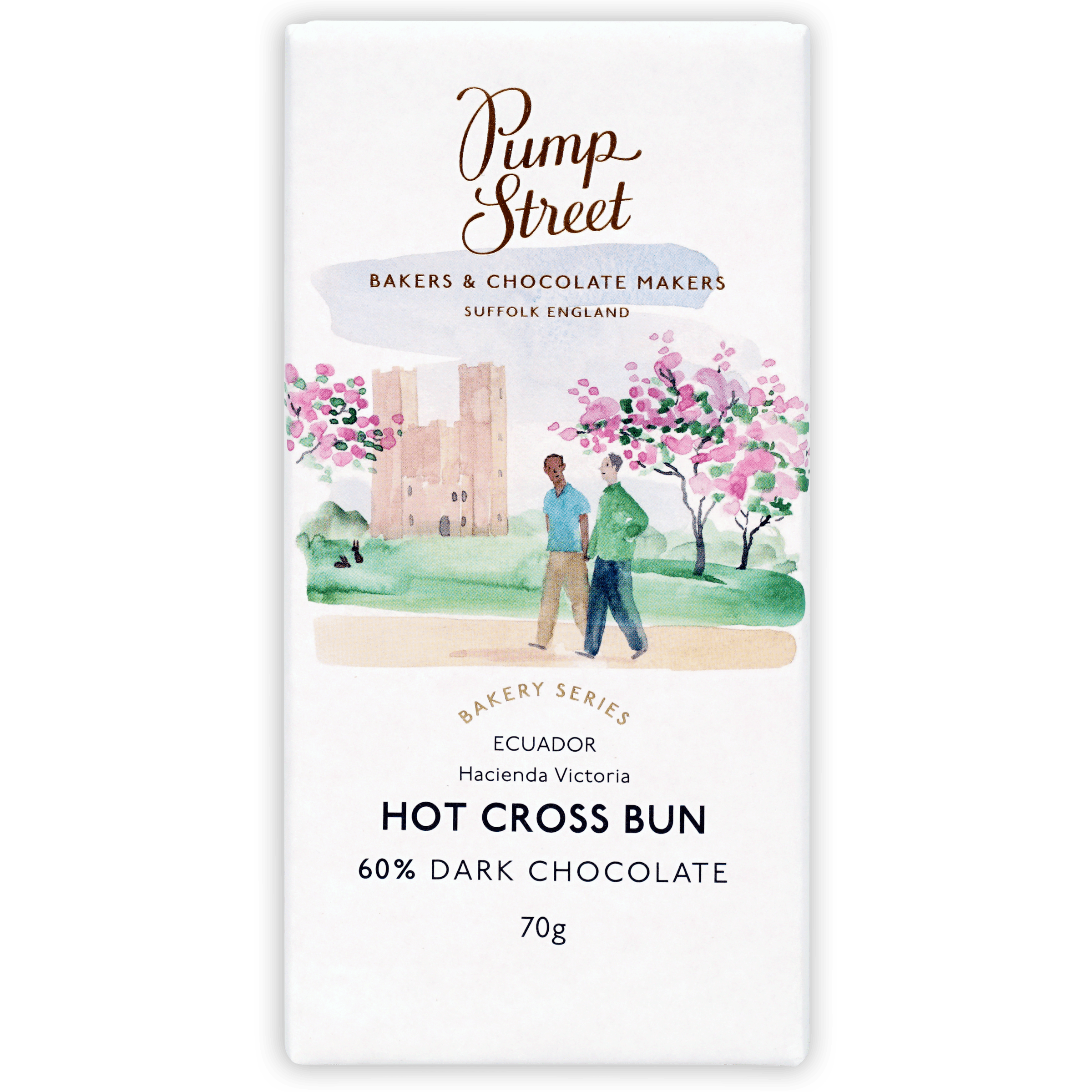 A white rectangular chocolate bar wrapper with watercolor illustration labeled pump street hot cross bun 58 percent limited edition
