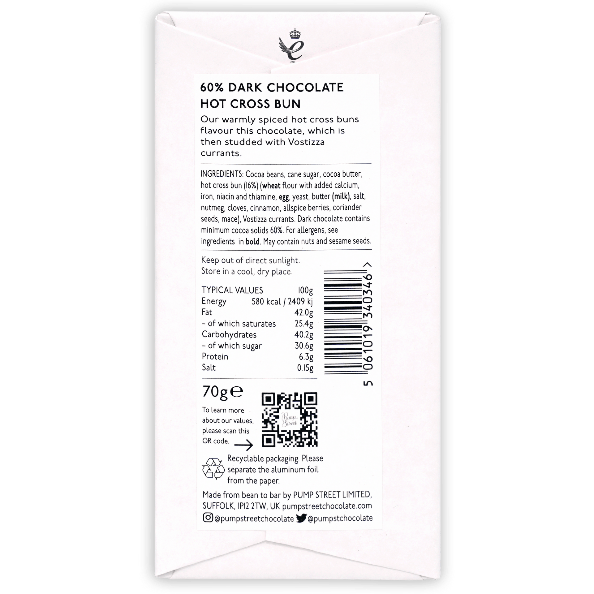White rectangular chocolate bar wrapper with black text and crown logo featuring 60% dark chocolate hot cross bun flavor by pump street