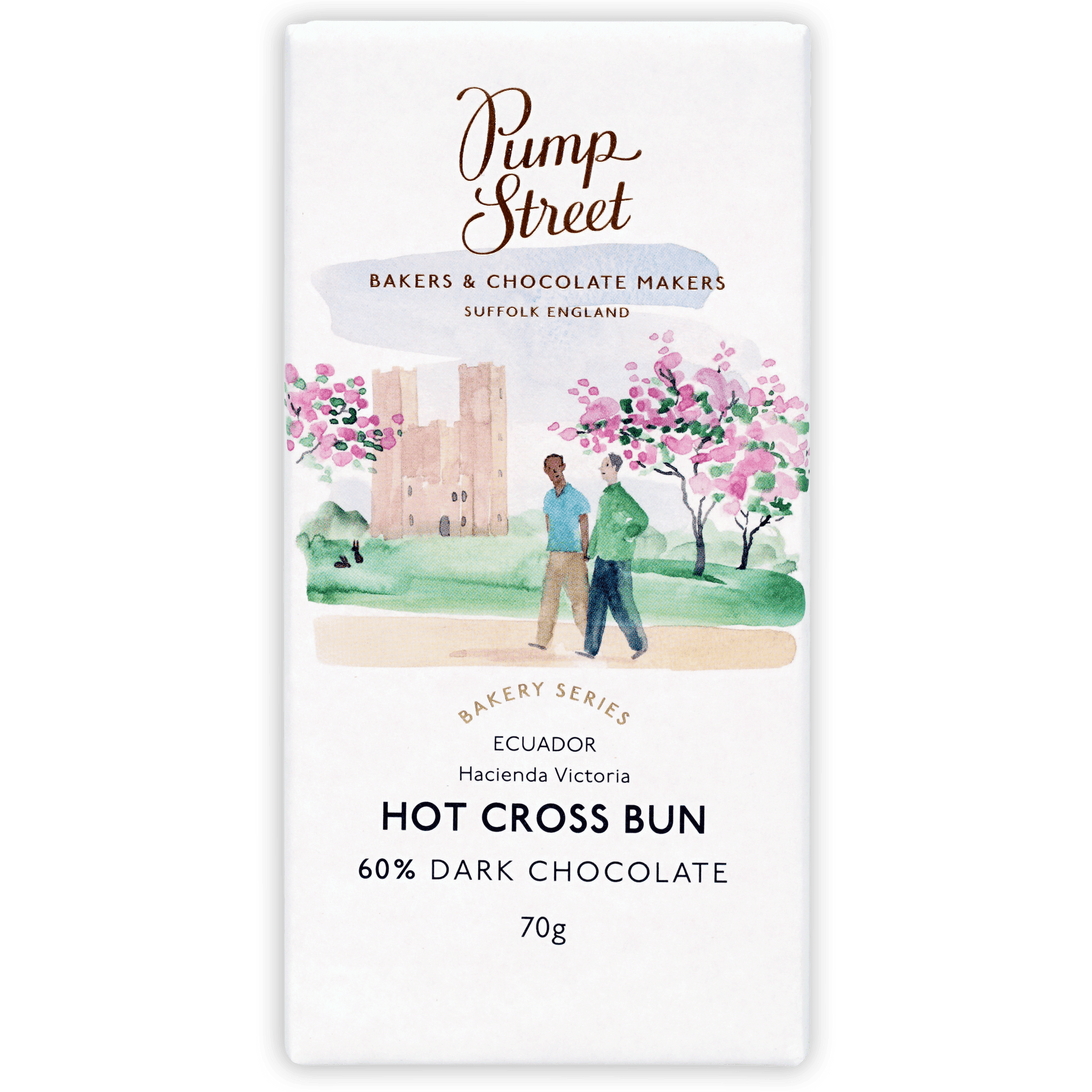 A white rectangular chocolate bar wrapper with watercolor illustration labeled pump street hot cross bun 58 percent limited edition