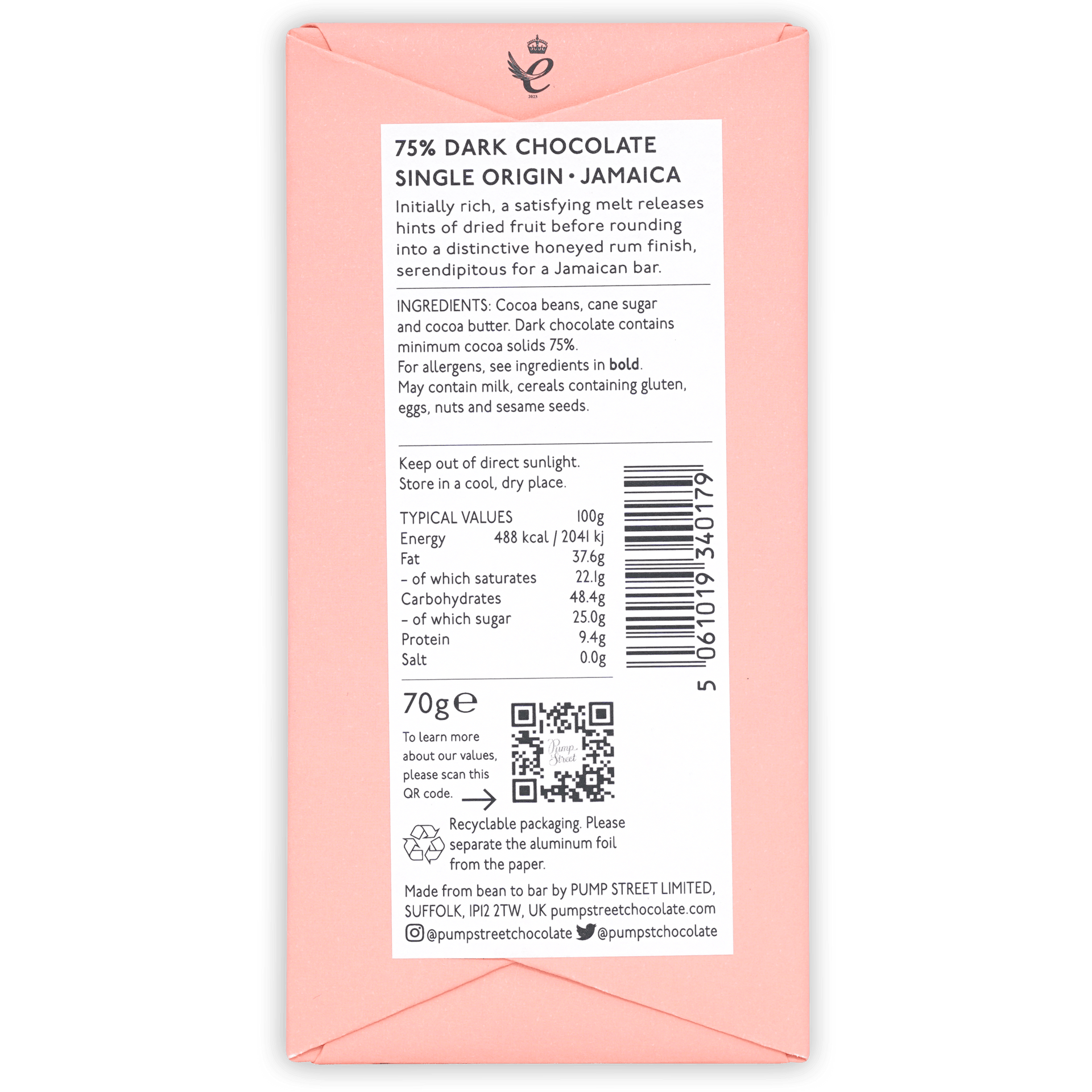 Back of Pump Street Jamaica pink box, 75% dark chocolate single origin, ingredients, nutrition panel and QR code